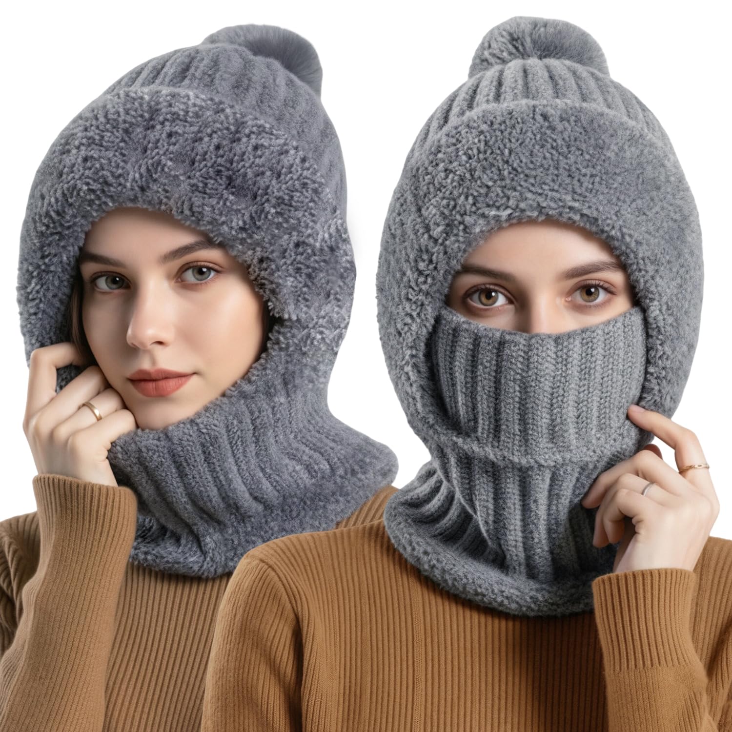 Kunoli 3-in-1 muts voor dames, wintermuts voor dames, warm, bivakmuts voor dames, winter, met sjaal en masker, warme nekwarmer en gezichtsbedekking, gevoerd winddicht en elastisch, ideaal, Grijs, Eén
