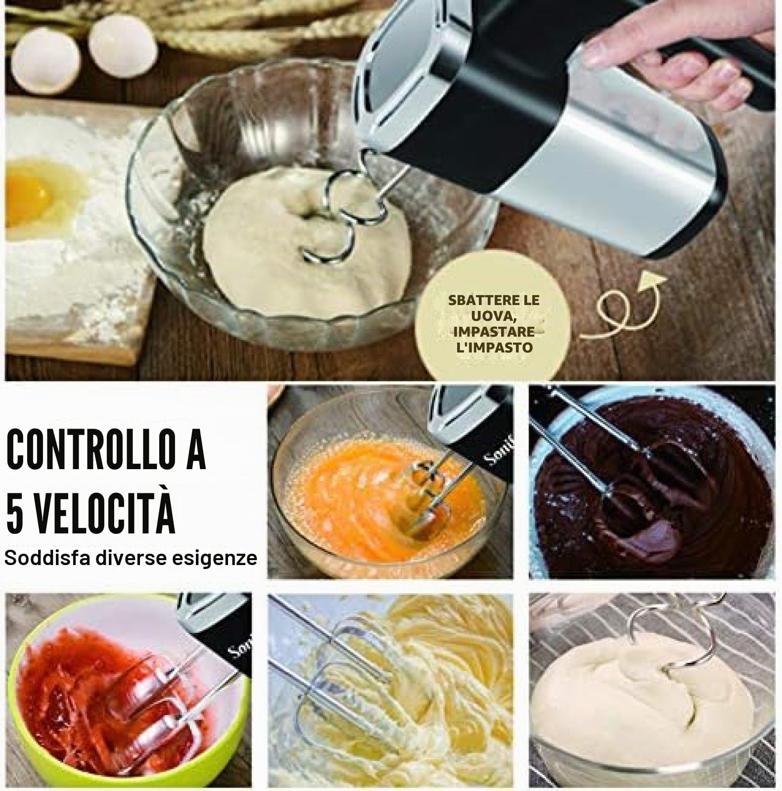Sbattitore Elettrico Professionale da 500 W, Potente Frusta A 7 velocità, Include Fruste E Ganci per Impastare per La Cottura in Cucina, Torte, Crema All'uovo, Nero,Nero,outstanding78