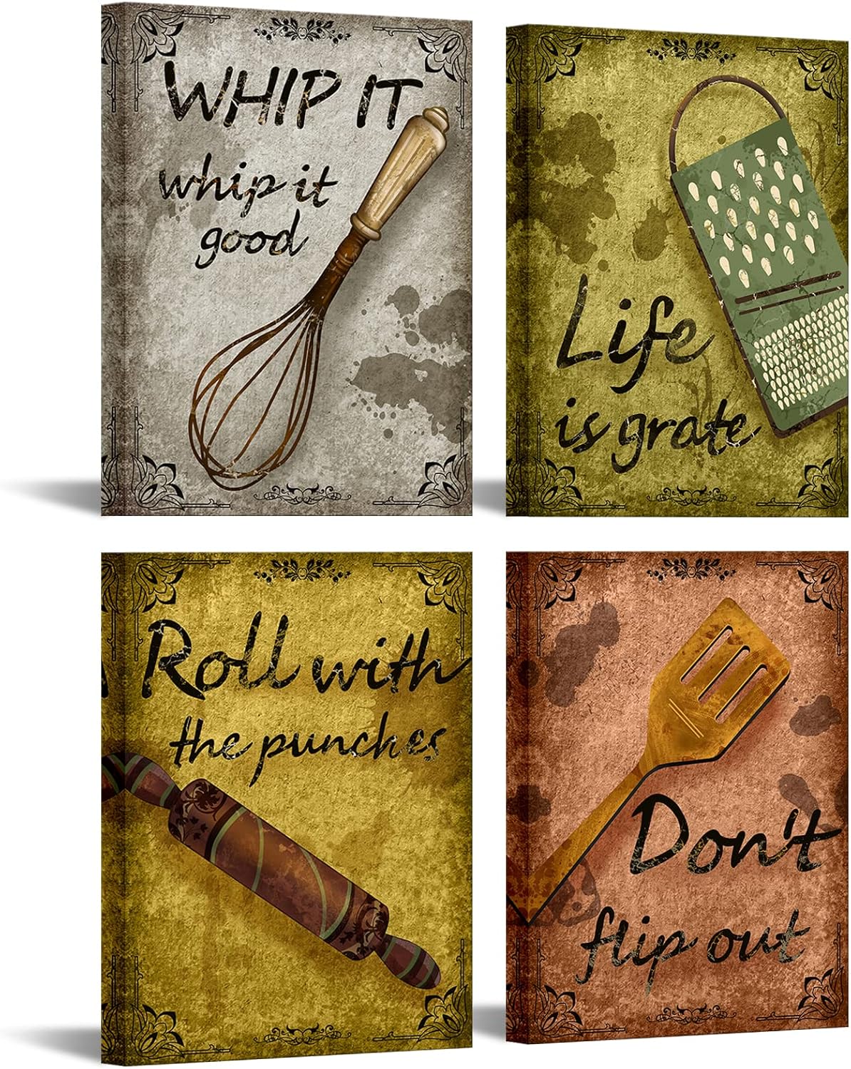 Quotes Kitchen Canvas Wall Art Decor Funny Inspirational Bakery Decor Prints Posters for Restaurant Cafe Bar Baking Framed Decorations Picture Set of 4 Each Panel 12x16inch