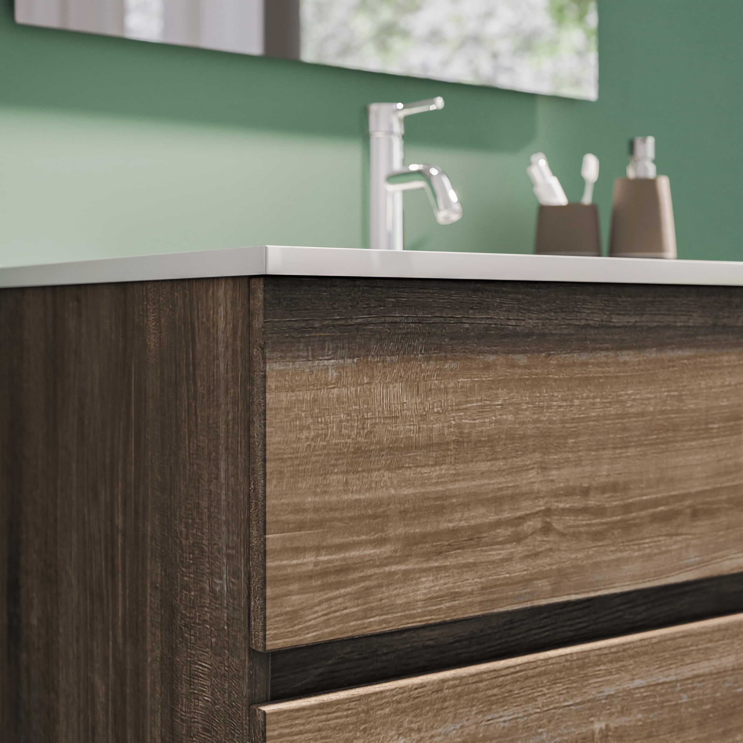 Parama Mobile Da Bagno Sospeso Mod. Yili Con Lavabo In Ceramica Profondità 46cm Specchio Filolucido Incluso (70cm, Rovere scuro)