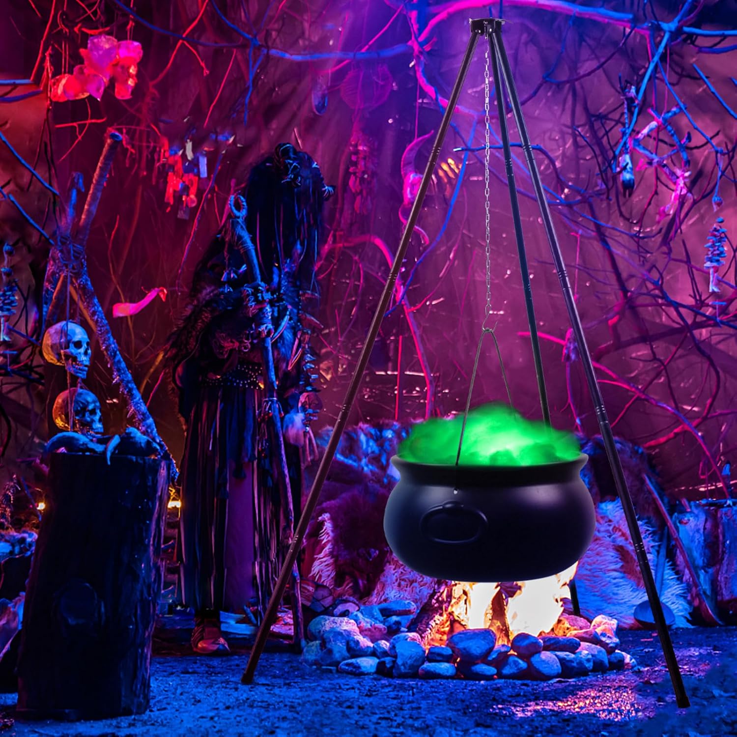 Outdoor Halloween Decorations Large Witches Cauldron with Timer Green Lights Outside Halloween Witch Decorations Tripod Black Plastic Big Cauldron Candy Bowl Outdoor Decorations for Yard Garden Porch
