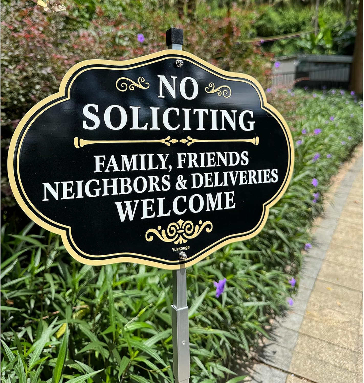Yuzkuoge No Soliciting Sign With Stake Family Friends and Neighbors Welcome Front Door Signs, 10 x 14 Inches Aluminum Sign with 2.3 Feet Stake(Detachable),