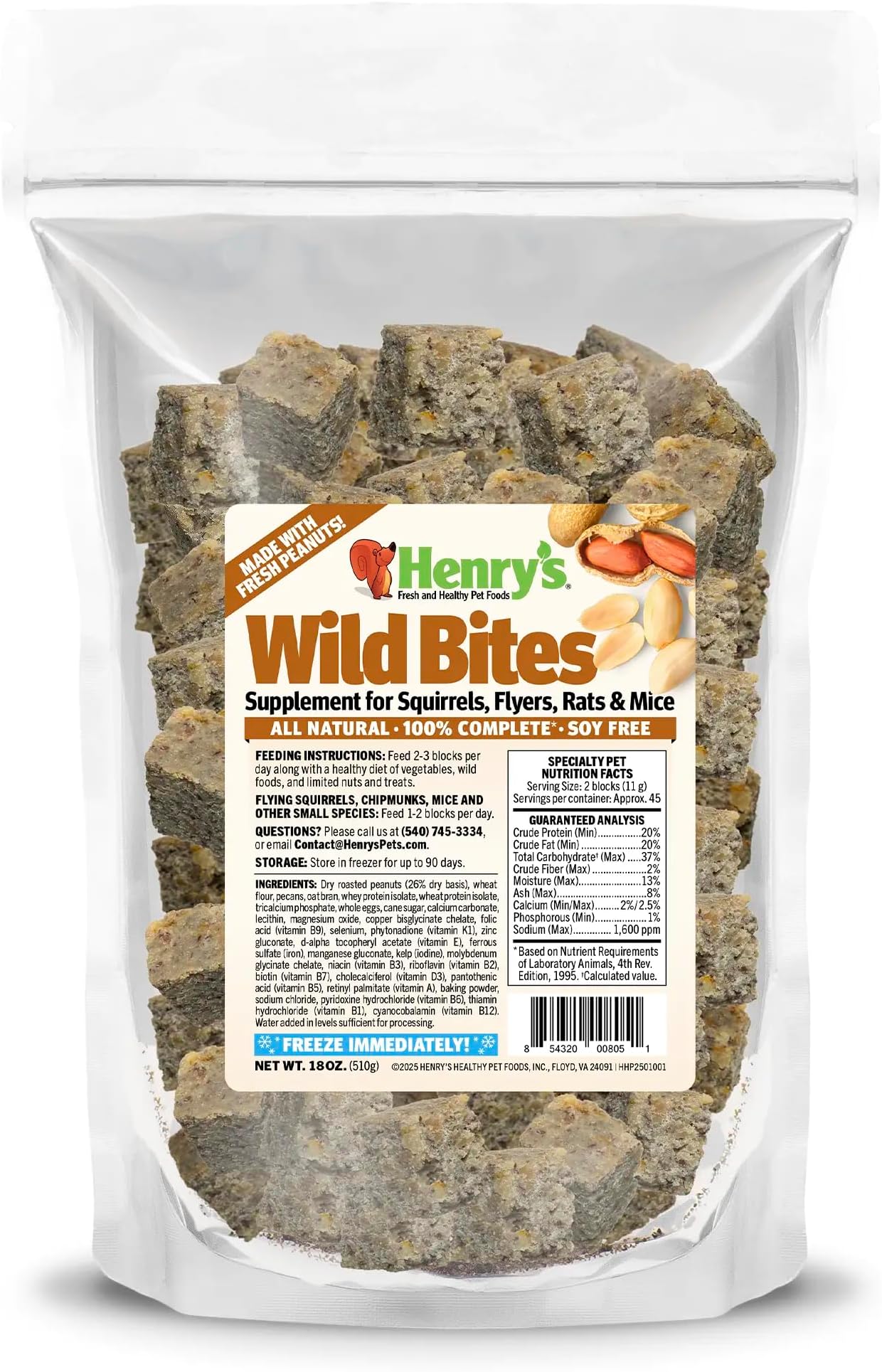Henry's Wild Bites – Nutritionally Complete Food for Squirrels, Flying Squirrels, and Chipmunks, 18 Ounces
