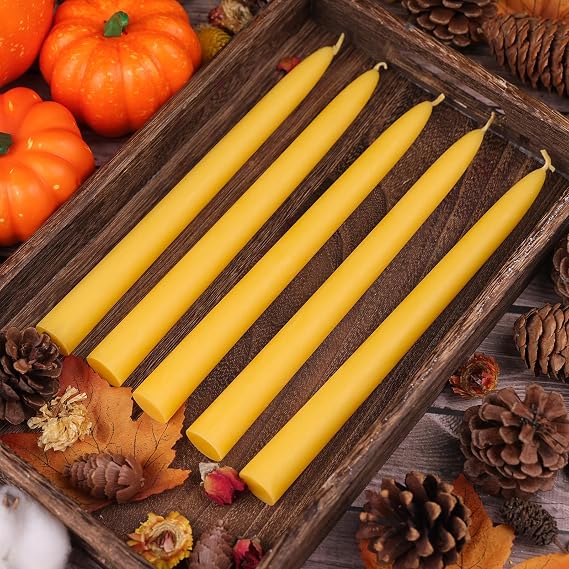 12Pcs Beeswax Taper Candles, 9'' Yellow Dripless & Smokeless Dinner Candles Long Burning Time,10H