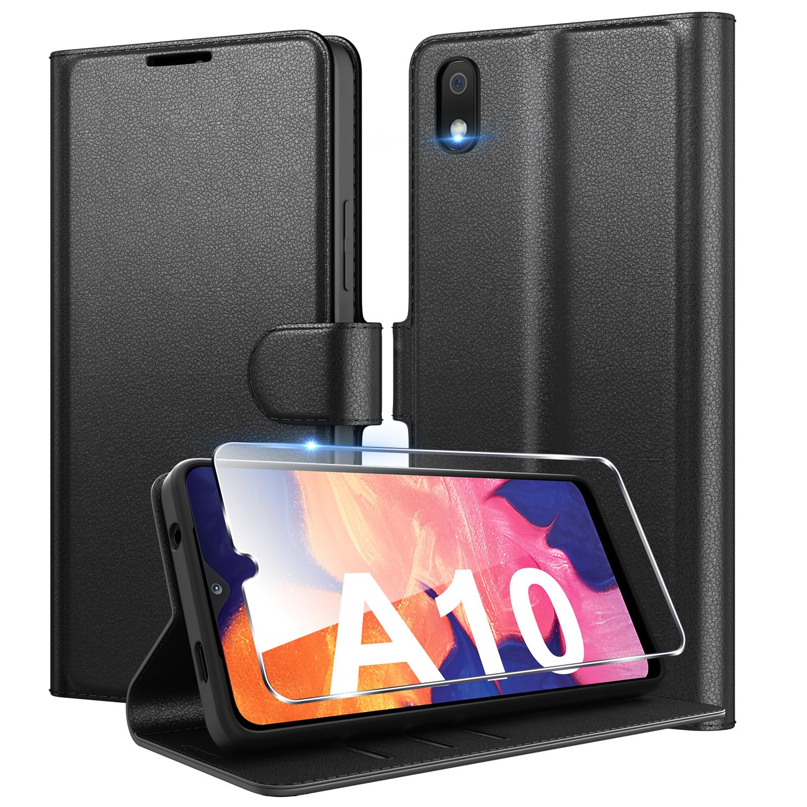 Eirltiy Cover per Samsung Galaxy A10 Portafoglio Pelle PU Premium, Custodia Scomparti Carte Antiurto Protettiva Case con 1 Vetro Temperato, Nero
