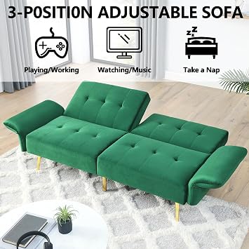 HRVEOCEI 78 Comfy Futon Sofa Bed, Green Velvet Fabric Futon Sofa Bed Couch, Convertible Sleeper Sofa with Adjustable Backrest& Armrests, Modern Loveseat Sleeper for Living Room (Green)