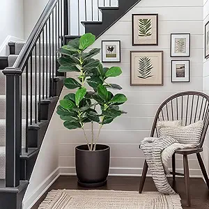 4FT Fiddle Leaf Fig Artificial Tree Faux Floor Plant with Black Planter Pot, Potted Fake Fiddle Leaf Fig Tree for Indoor Outdoor Home Office Decor