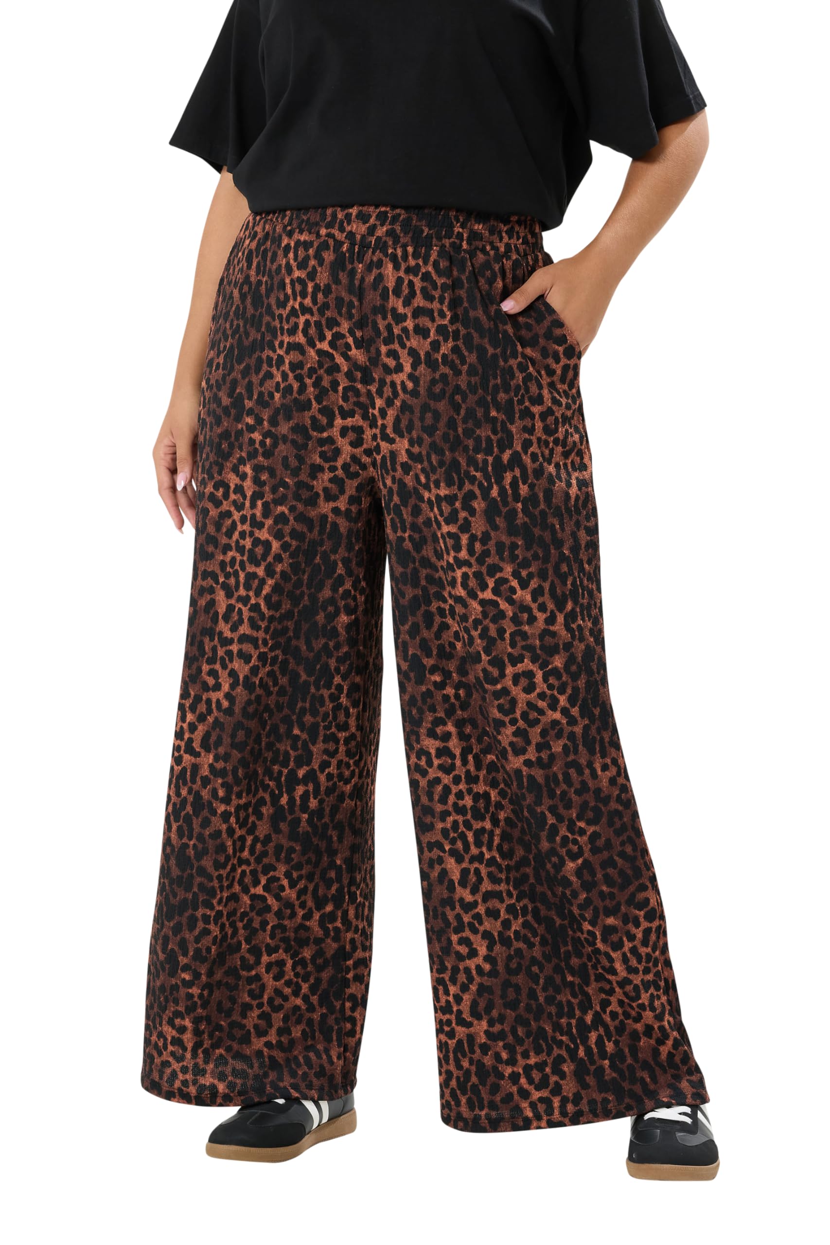 Yours Leopard Print Crinkle Wide Leg Trousers Brown Elasticated Waistband Side Pockets