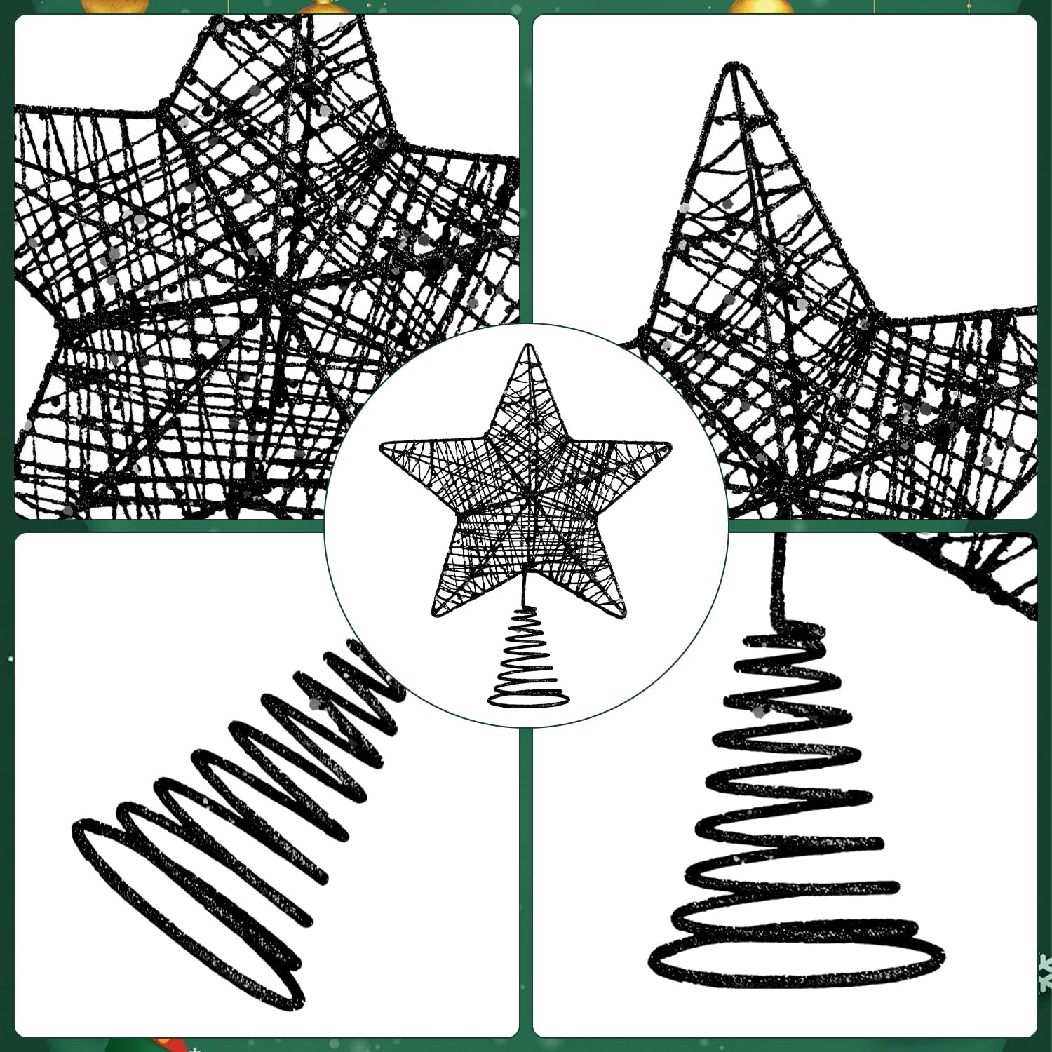 VEYLIN Black Christmas Tree Topper, Glittered Hollow Star Topper for Christmas Tree Ornament, Style 7 - Image 4