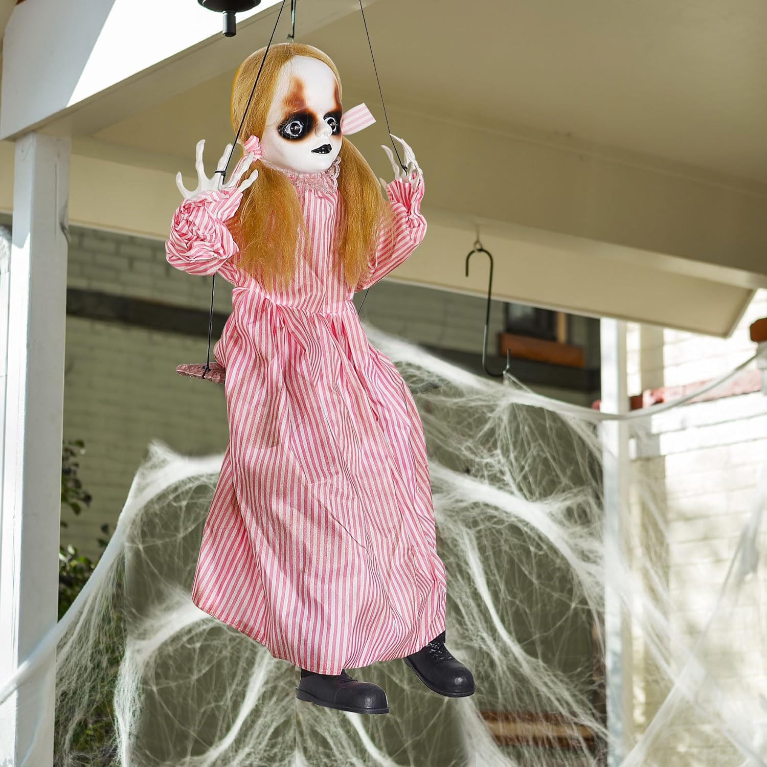 Halloween Hanging Ghost Props, 2.6FT H Life-Sized Voice-Activated Pink Skirt Girl Sitting on Swing with Lighted Eyes & Kicking Legs & Eerie Sound for Haunted House Trees Spooky Party Decor
