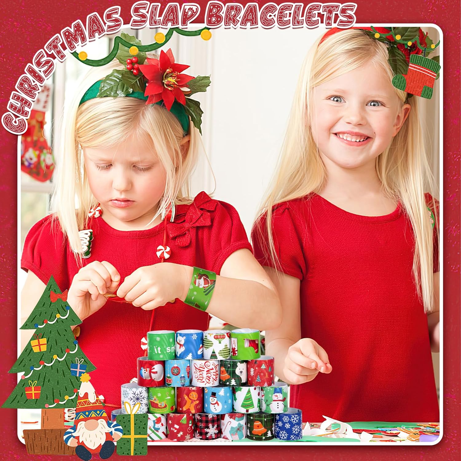 LovesTown 64PCS Christmas Slap Bracelets for Kids - Snap Bracelets & Wristbands for Stocking Stuffers & Goodie Bags