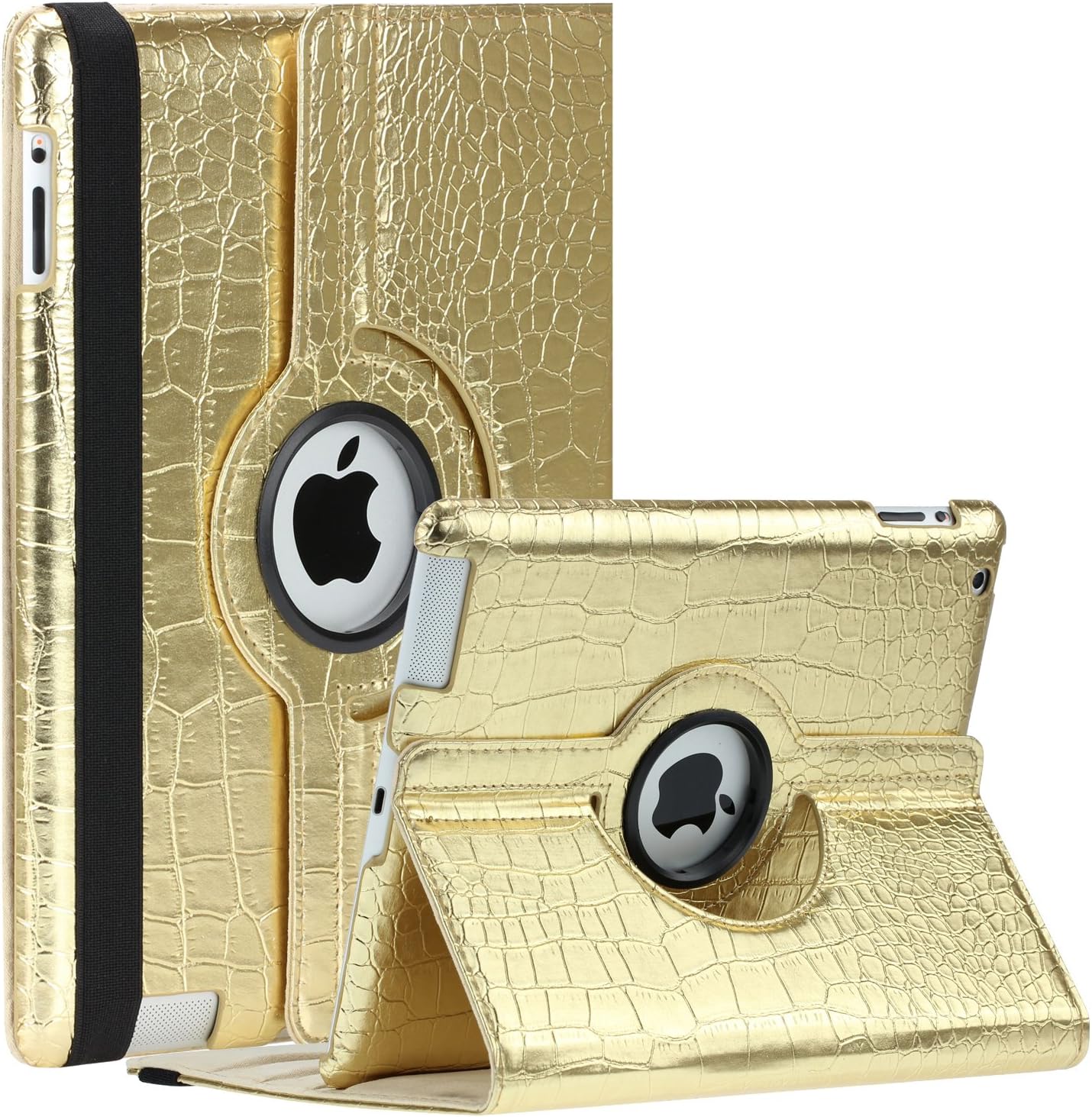 SAVEICON Gold Crocodile 360 Degrees Rotating Leather Case Smart Cover with Stand and Sleep/Wake Function for Apple iPad 3, iPad 2 (3rd Generation) Built-in Magnetic