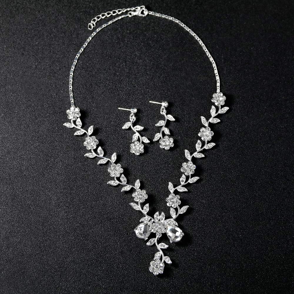 Elegante Conjunto de Joyas Nupciales de circonita cúbica con Flores, Hojas y Diamantes de imitación, Collar y Pendientes Colgantes para Novia.
