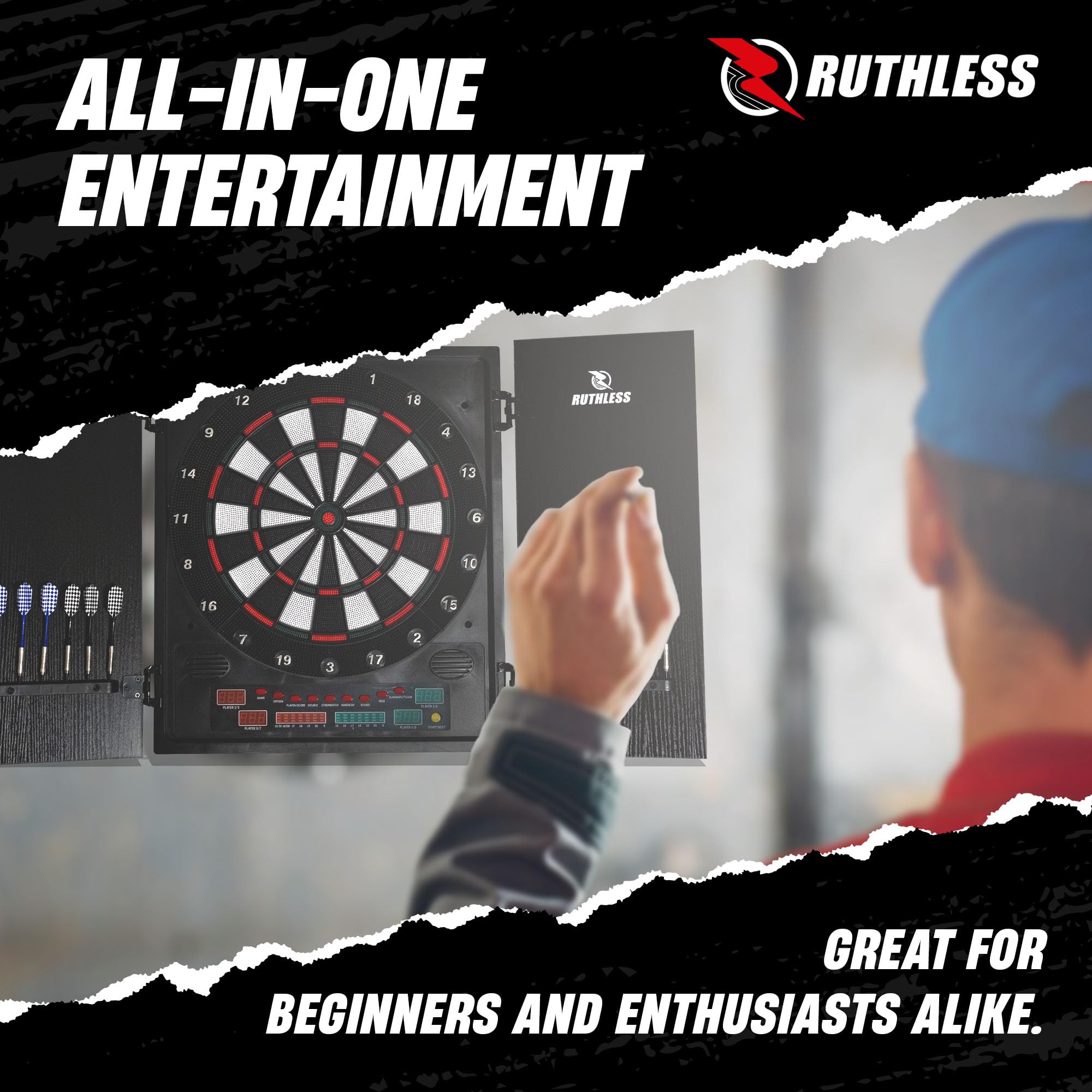 Ruthless - Ruthless R500 Elektronische Dartscheibe im Gehäuse - Softspitze - inkl. 4 Sätze Dartpfeile - 8 Spieler - 27 Spiele