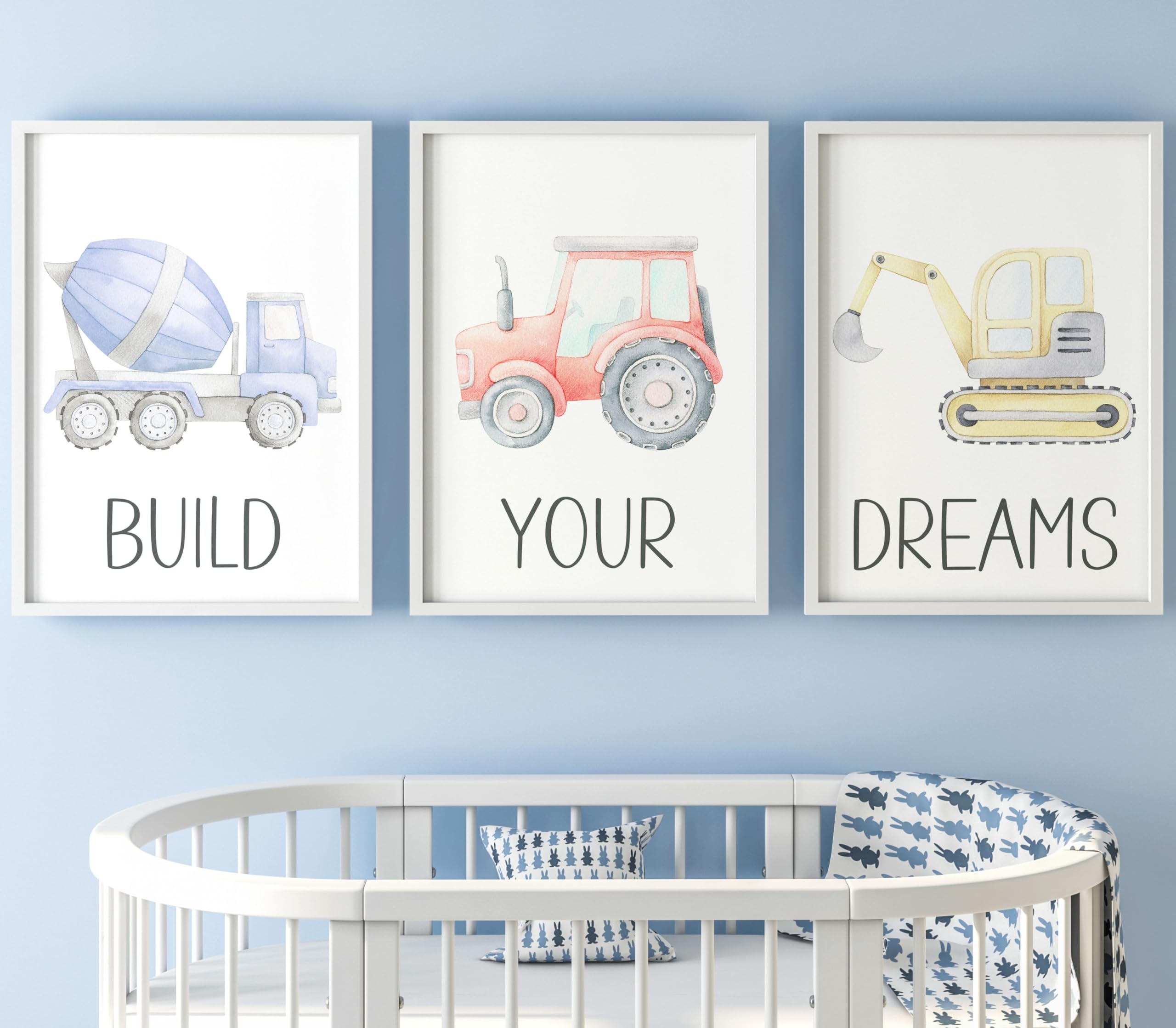 Construction Vehicles Set of 3 Unframed Poster Prints for Boy Girl Nursery Bedroom Watercolour Design