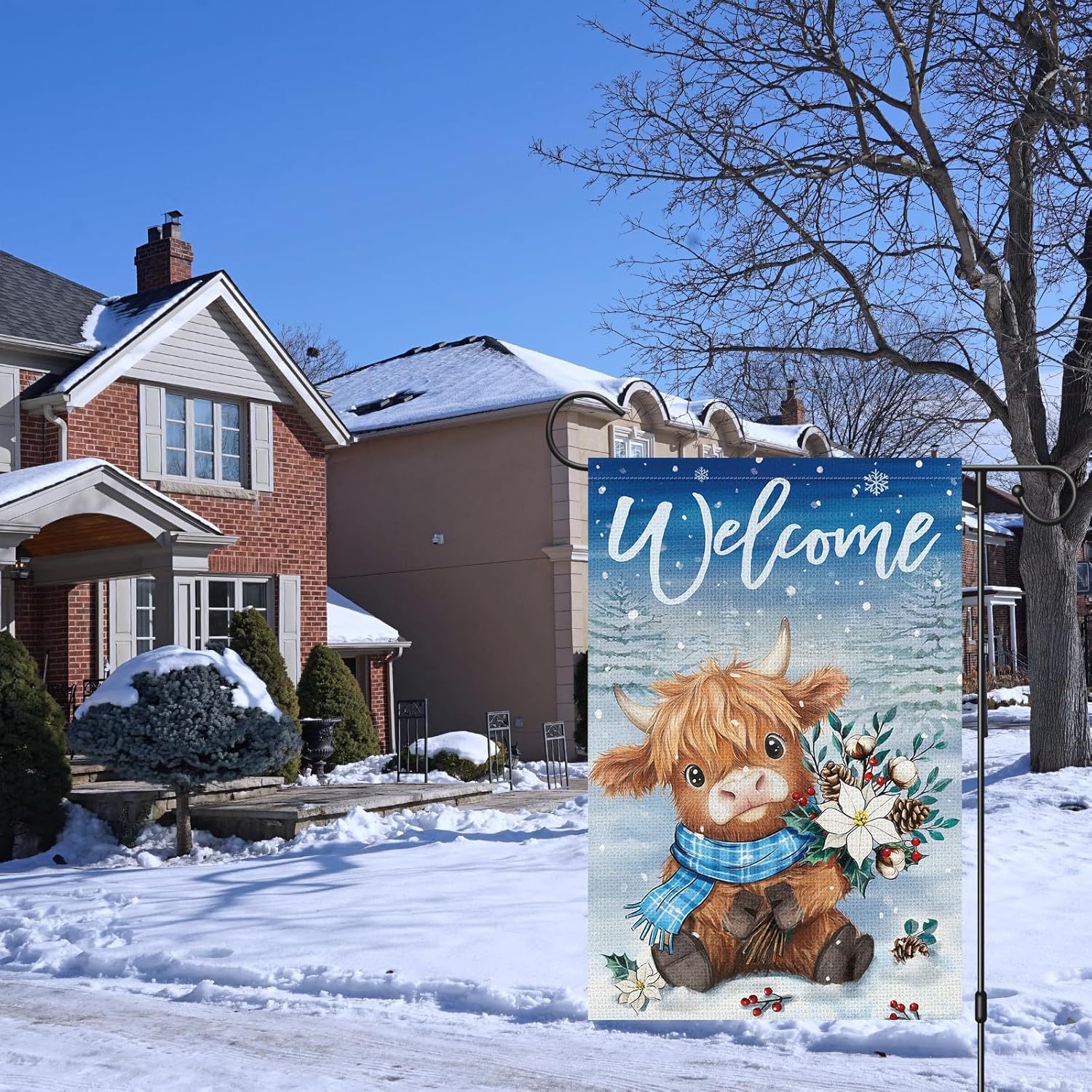 Heyfibro Welcome Winter Highland Cow Garden Flag 12x18 Inch Double Sided Burlap, Christmas Flower Pine Snowflake Snow Yard Flags for Seasonal Xmas Outside Outdoor Decoration (ONLY FLAG) - Image 3