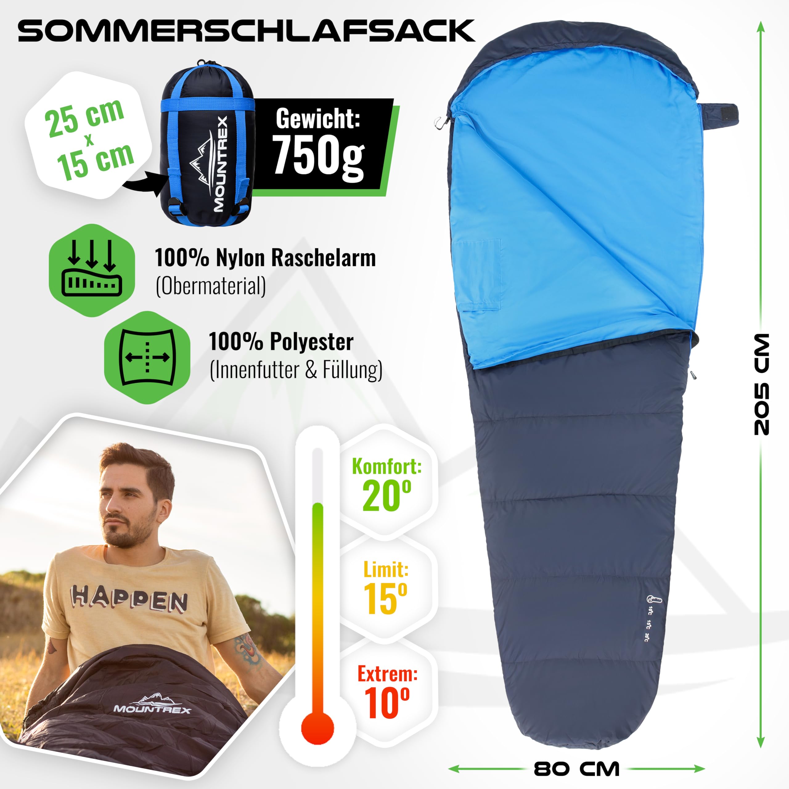 MOUNTREX Śpiwór zimowy i letni – mały rozmiar po spakowaniu i ultralekki (760 g/1500 g) – outdoorowy śpiwór na kemping