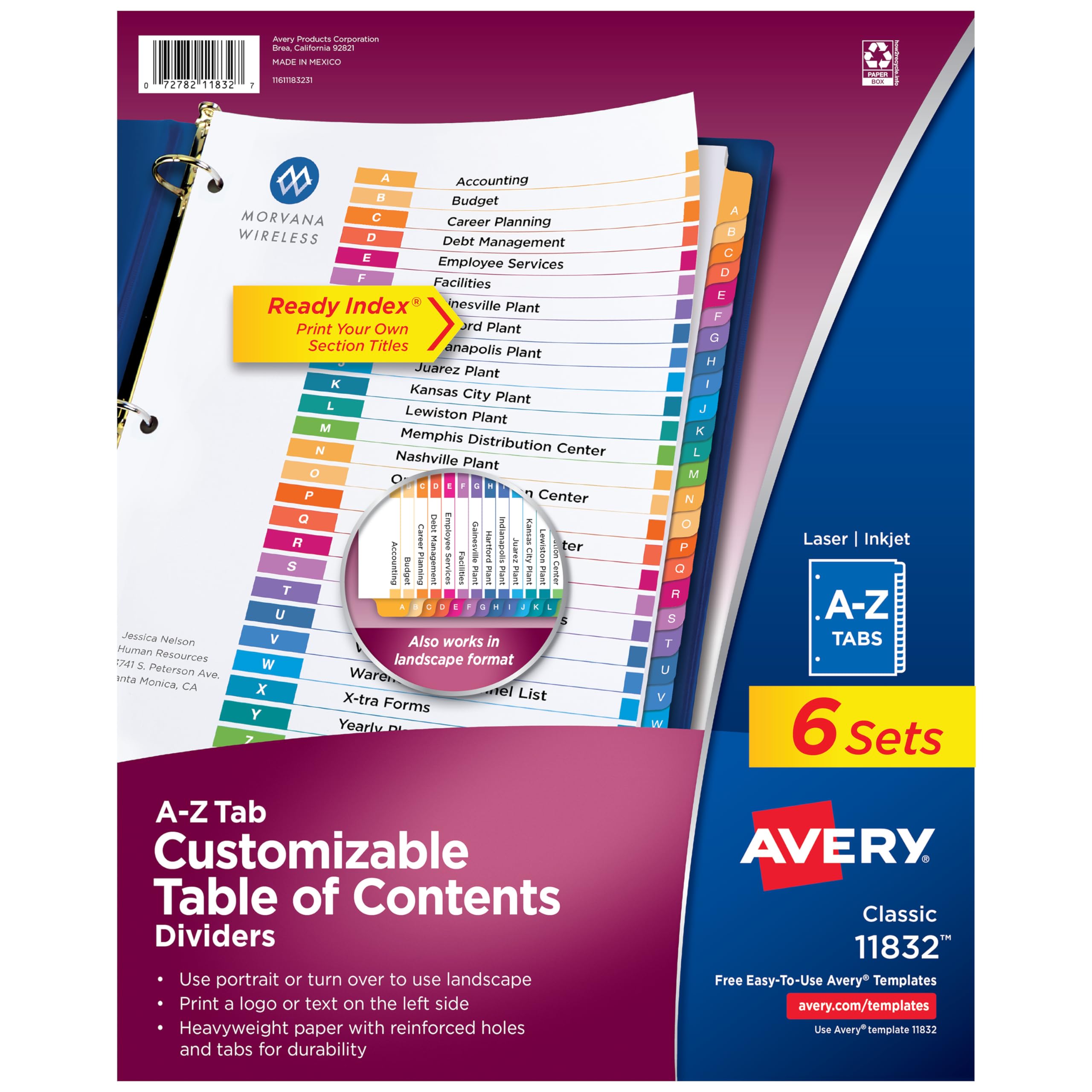 Avery 11832 Lot de 6 intercalaires à onglets pour classeur à anneaux
