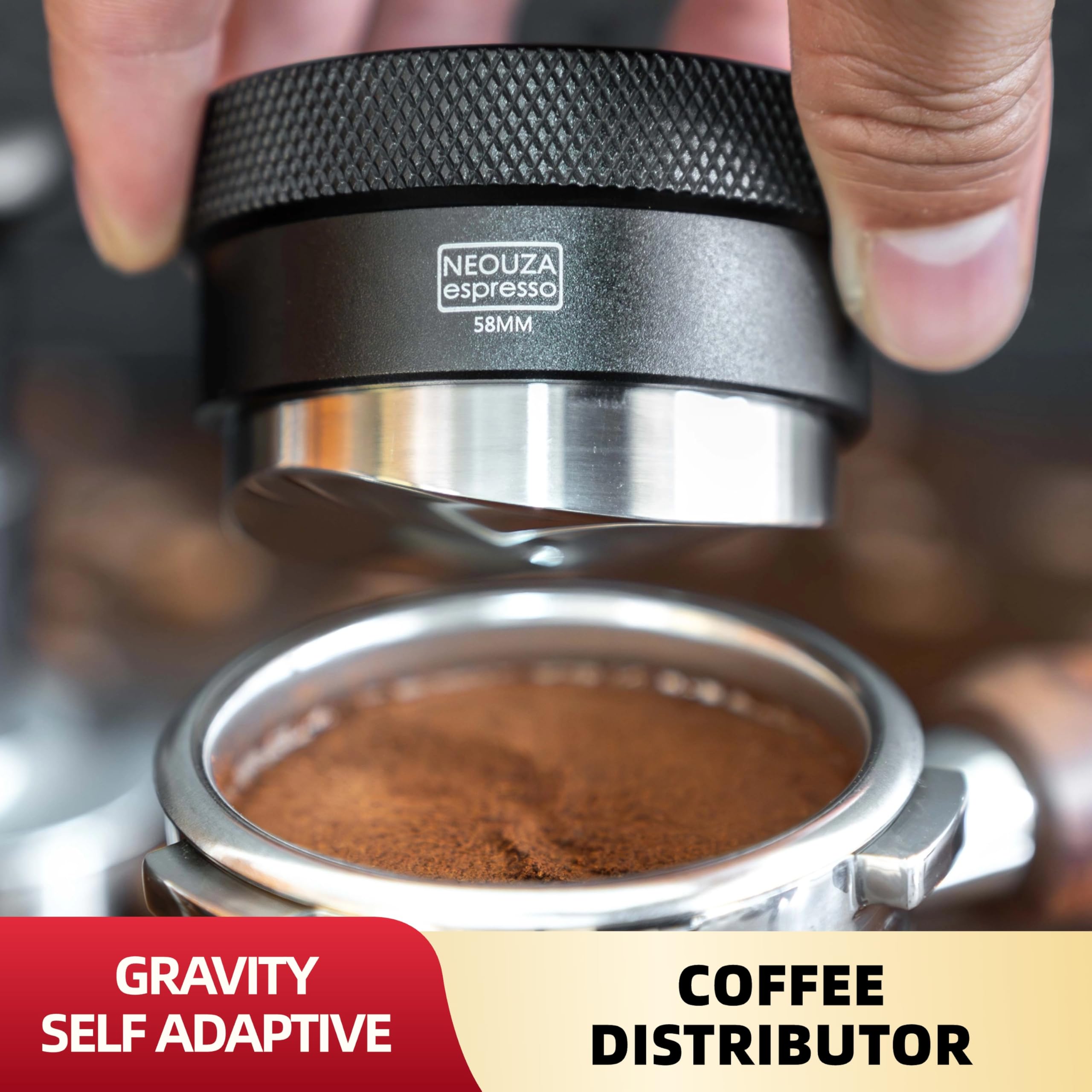 NEOUZA Dystrybutor grawitacyjny do kawy z adaptacyjną grawitacja dla portafiltra do espresso, narzędzie do grawitacyjnego dystrybucji, automatyczne poziomowanie dystrybutora, poziomnik z podstawą w