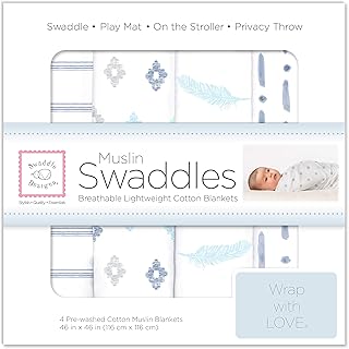 SwaddleDesigns Cotton Muslin Swaddle Blankets, Set of 4, Receiving Blankets for Baby Boys & Girls, Best Shower Gift, 46x46 inches, Denim Indigo