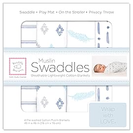 SwaddleDesigns Cotton Muslin Swaddle Blankets, Set of 4, Receiving Blankets for Baby Boys & Girls, Best Shower Gift, 46x46 inches, Denim Indigo