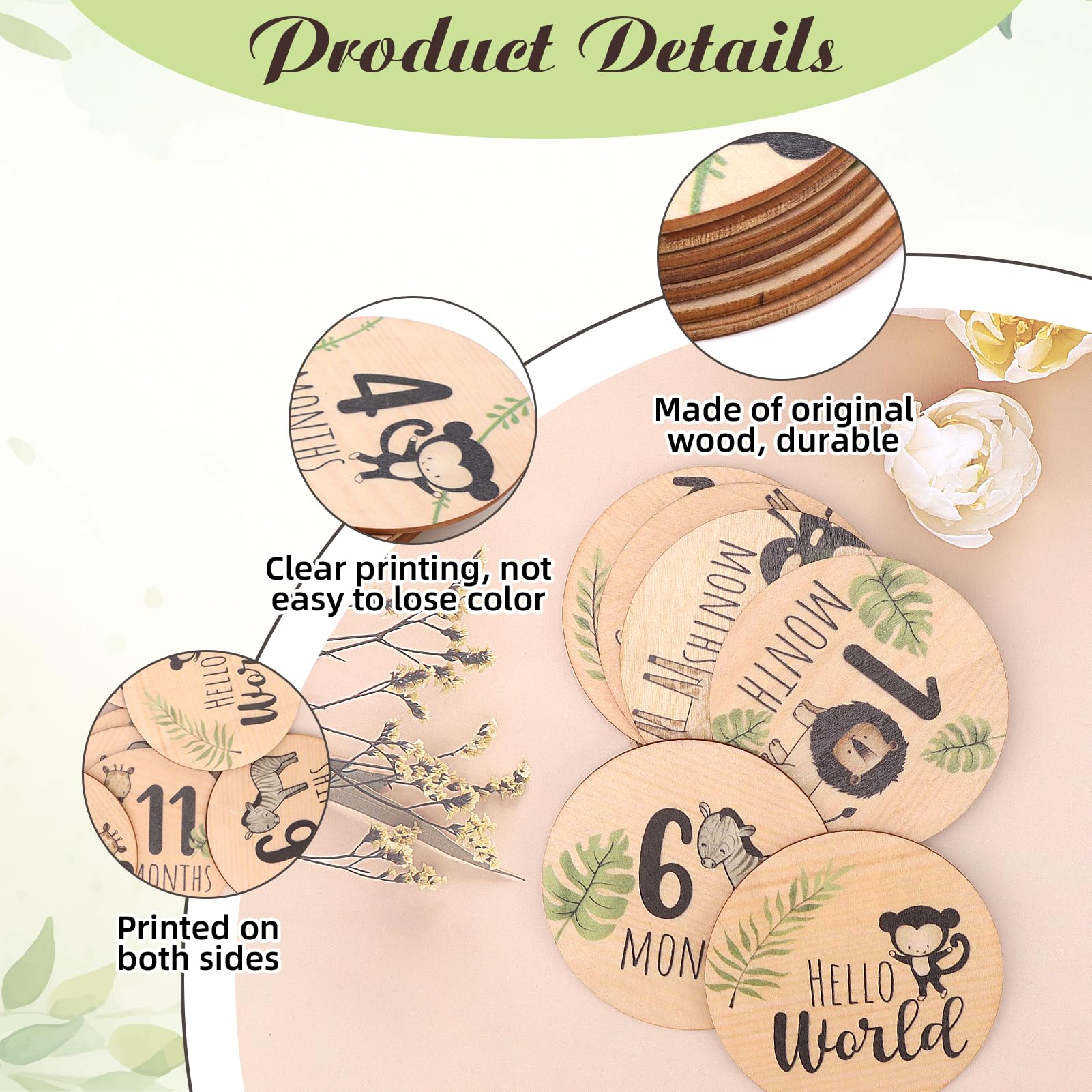 7pcs Baby Monthly Milestone Cards Wooden Baby Double-Sided Announcement Plaque Signs 1-12 Months New Baby Girl Boy Name and Birth Plaques for Baby Shower Growth Record Photo Prop - Image 3