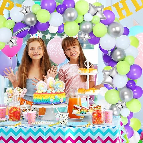 Miniatura 6 de Kit de arco de guirnalda de globos de fiesta de cumpleaños de 134 piezas, 10 globos de látex morado, verde, plateado y blanco con globo de papel de