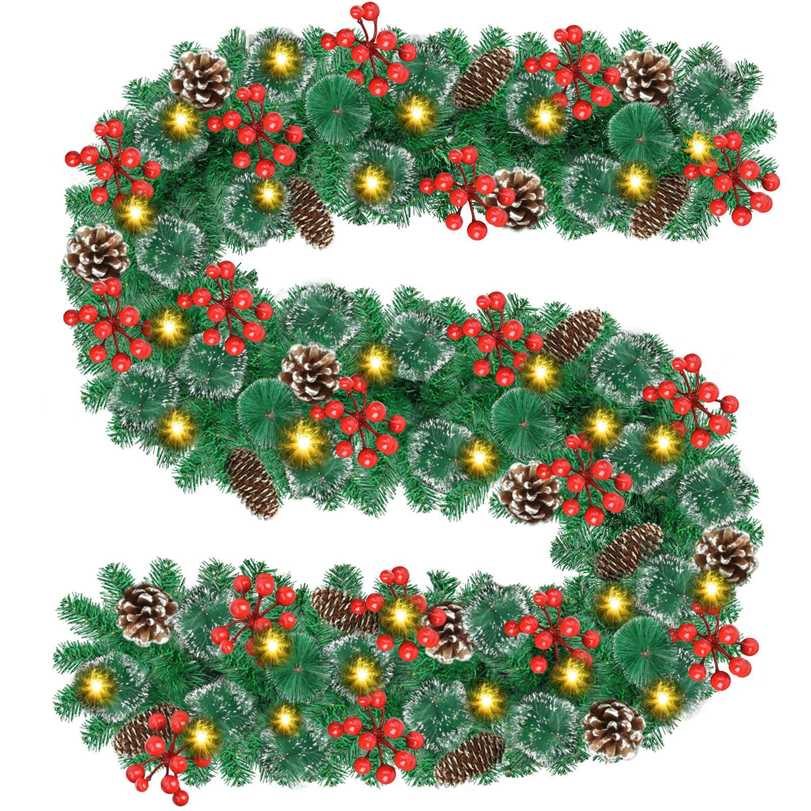 Timiyou Green 9Ft Christmas Garland, Christmas Decorations, Artificial Garland Decorations Christmas With Red Fruit, Pine Cones, Outdoor Indoor Christmas Decorations For Stairs Fireplace Front Door