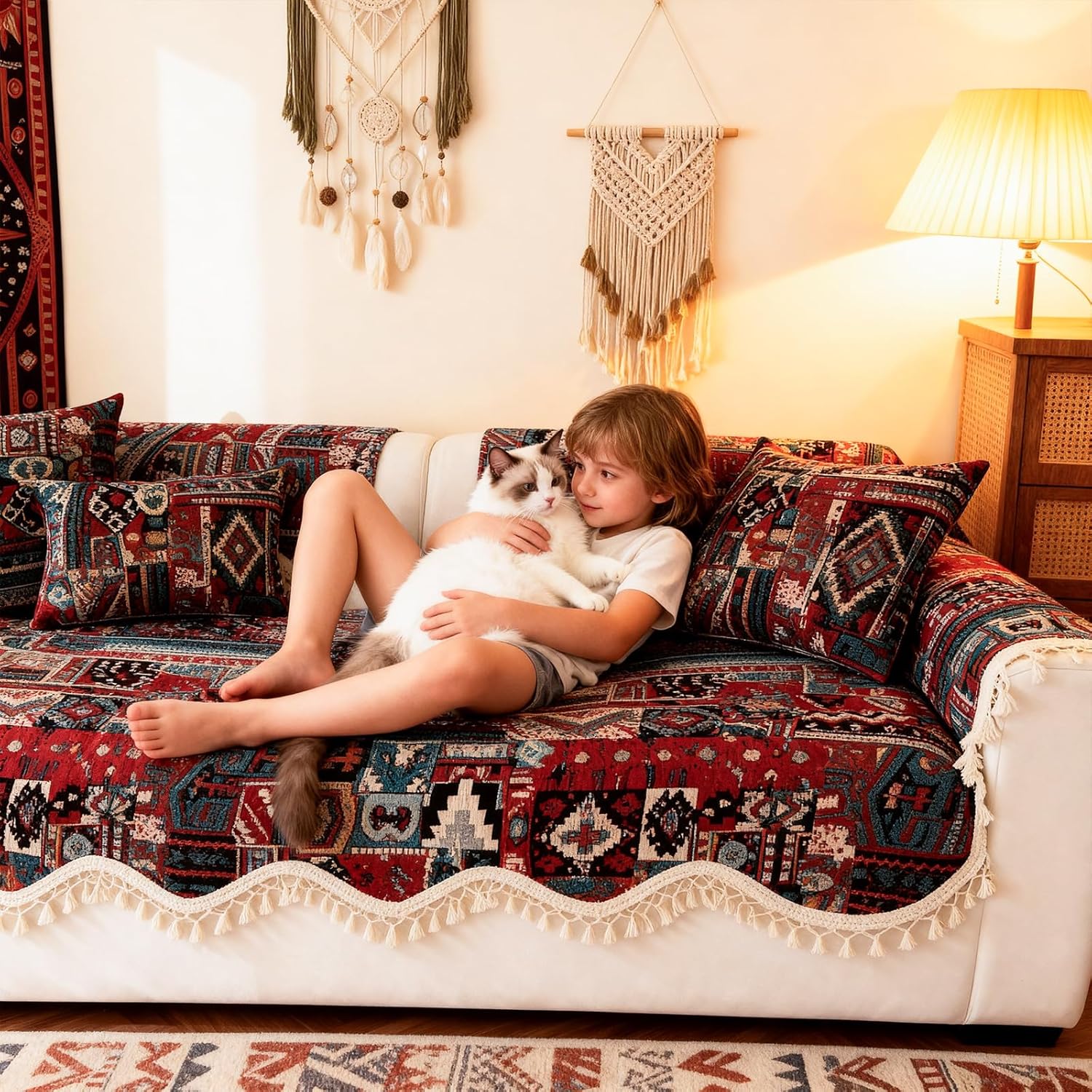 VOGOL Boho Sectional Sofa Cover, Non Slip Geometric Scalloped Edge Couch Protector with Beige Fringe Tassels, Heavy Chenille Furniture Pad, 27x70 Inches, 1 Piece