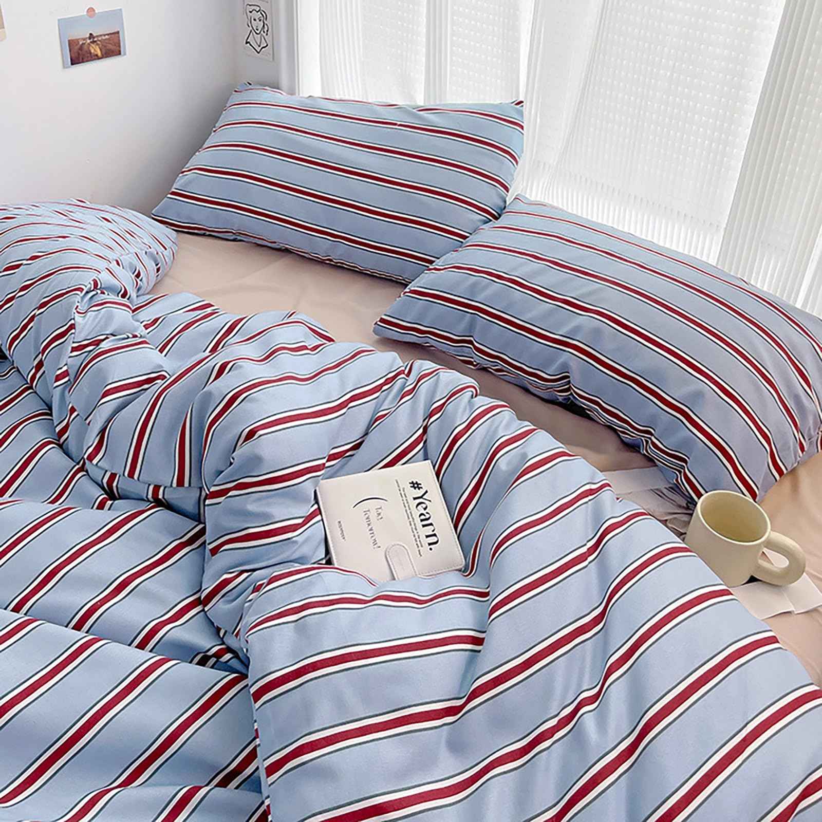 Tabeskly Boy Girls Kids Striped Reversible Bedding Single Duvet Cover Sets Bed Zipper Red Blue 135×200cm