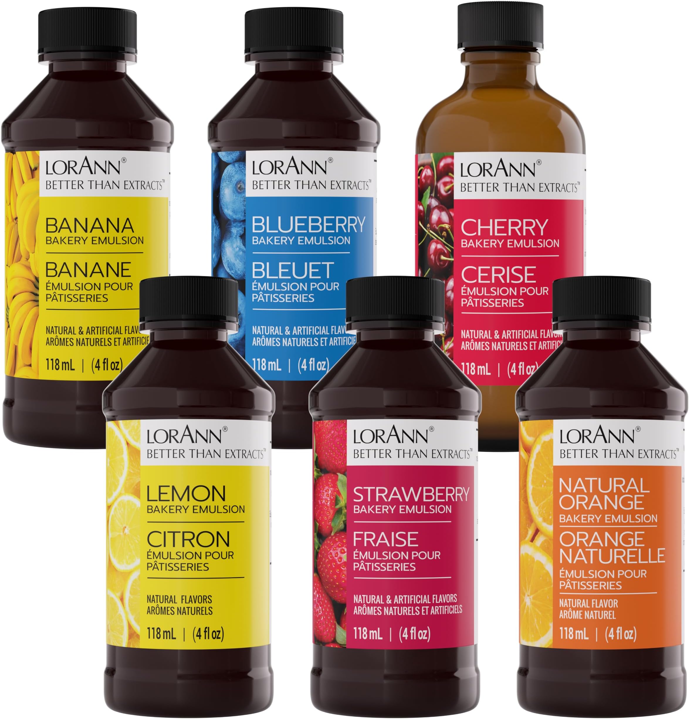 Bakery Emulsion Baker's Fruity Variety Pack - Banana, Blueberry, Cherry, Strawberry, Lemon, and Orange (4 oz. bottle of each flavor)…
