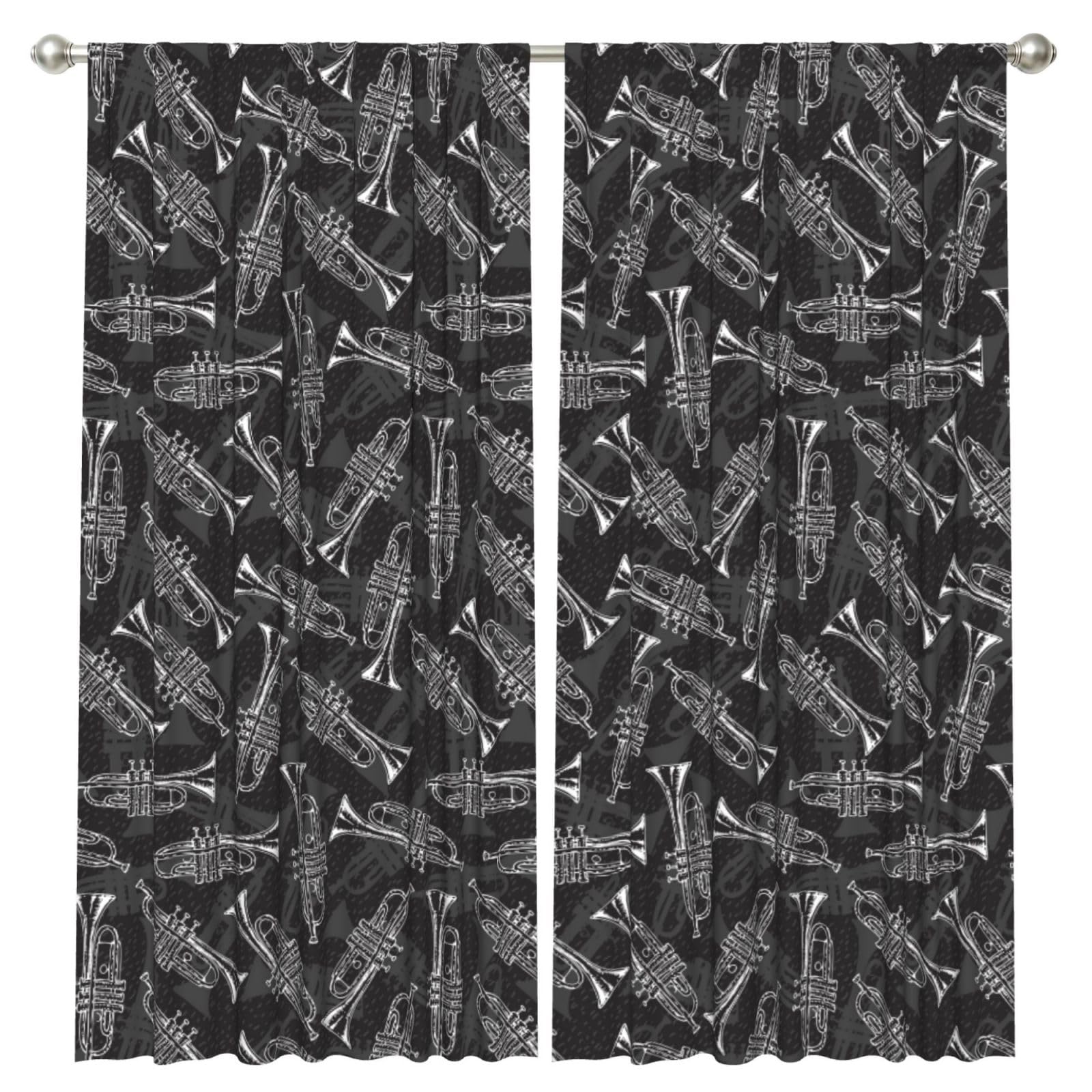 InOmak Black White Sketch Trumpets, 2 Panels Window Curtains 52 x 84 Inch Blackout Curtains for Living Room Bedroom