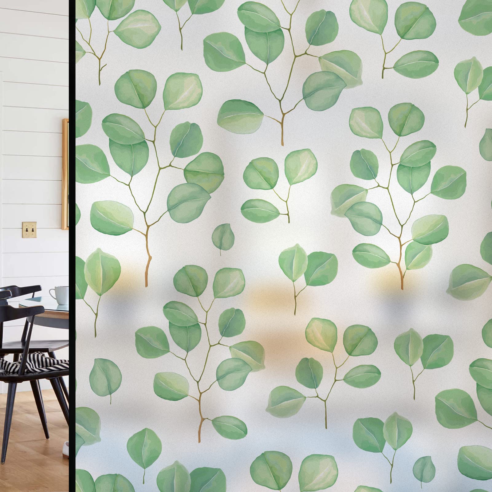 DKTIE Leaves Series Bathroom Window Privacy Film with Installation Tools, Fashion Nordic Style Stained Glass Window Film, Frosted Static Cling No Glue (A, 35.4'' x 78.7'')