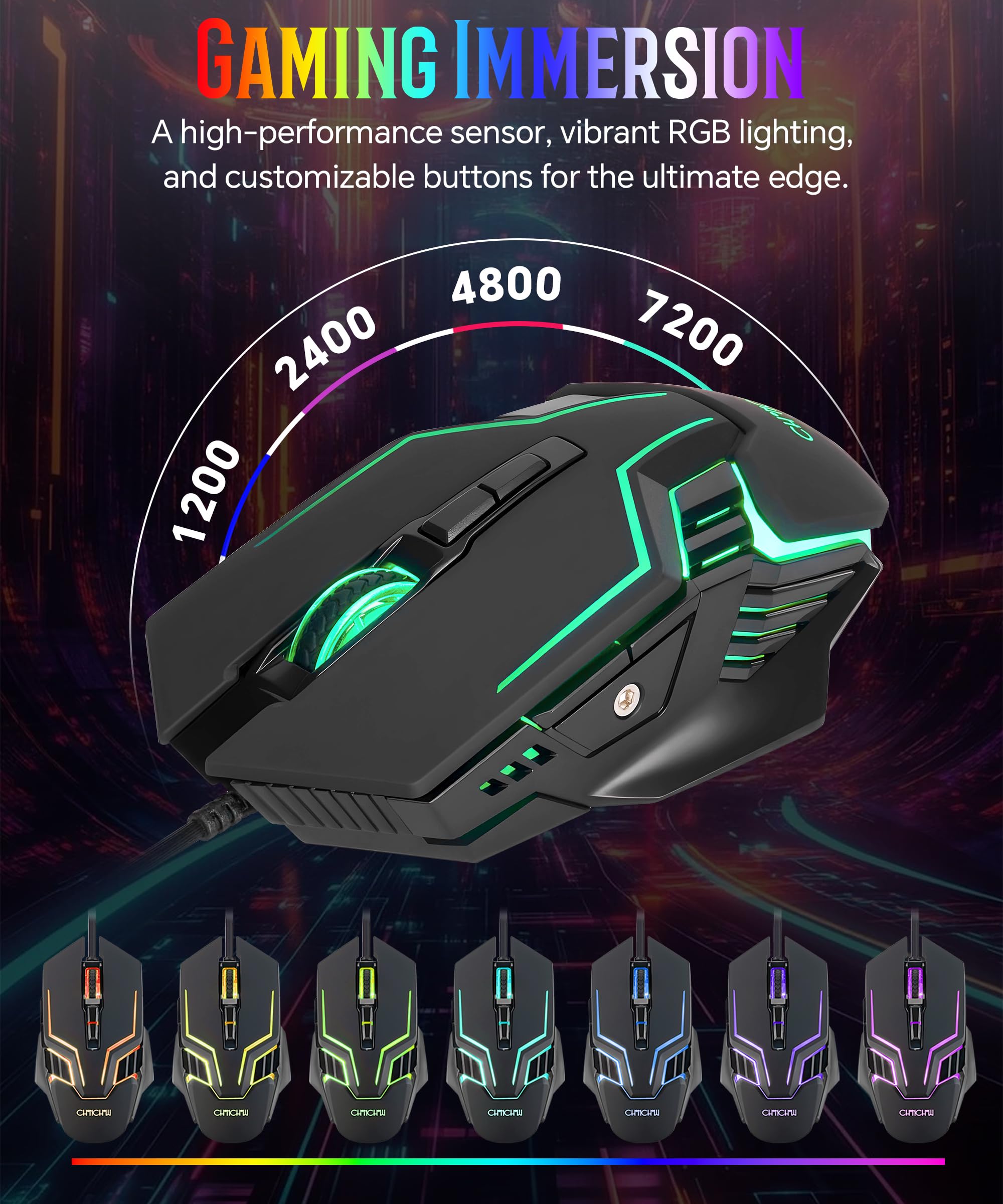 Tastiera da gioco cablata e mouse combinata con retroilluminazione a colori, 10 tasti dedicati, sensazione meccanica, silenziosa, anti-ghosting, tastiera del computer luminosa, mouse programmabili RGB
