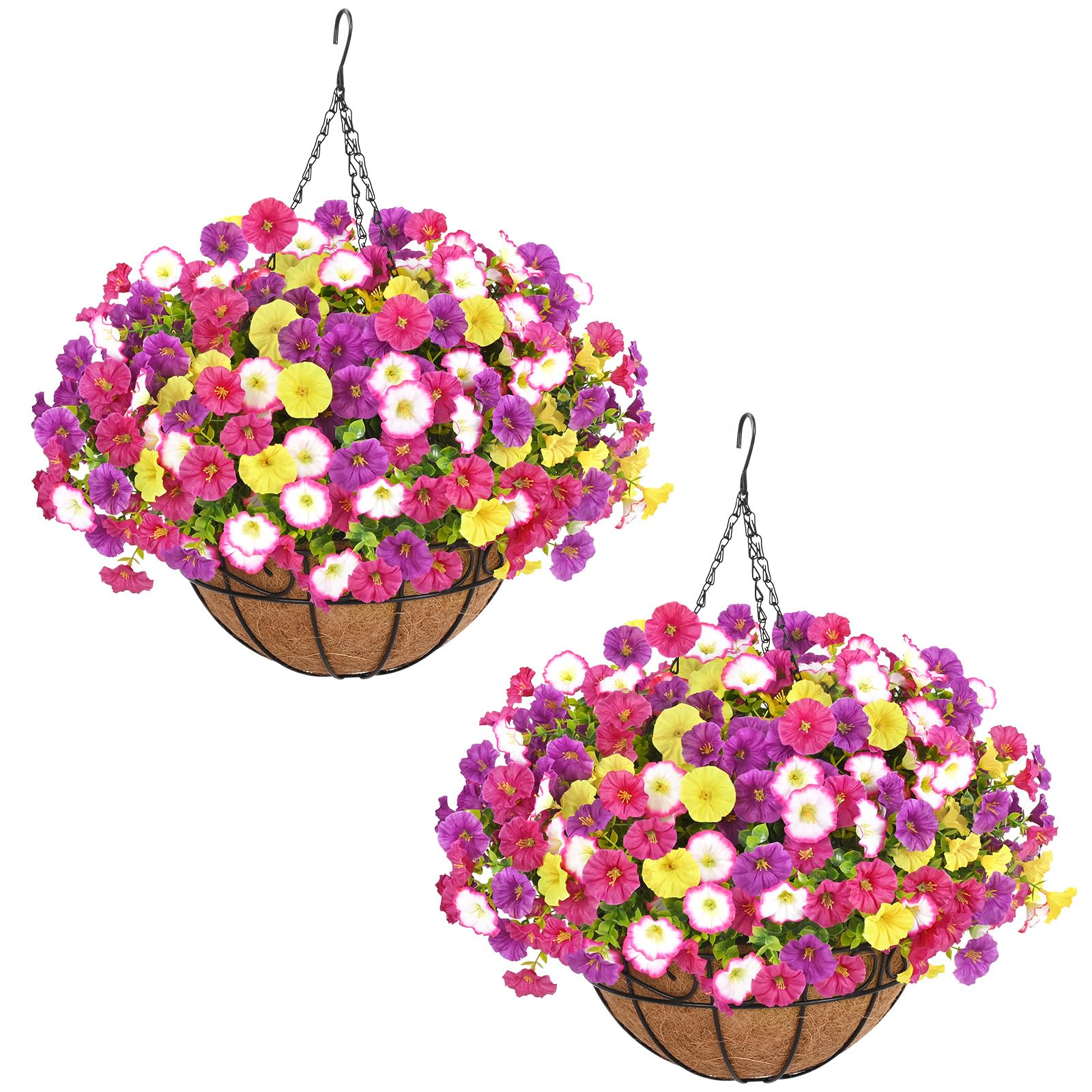 Photo 1 of Elyum 2 Pack Artificial Hanging Flowers for Outdoors, Fake Flowers Artificial Petunias Hanging Baskets for Outdoors, UV Resistant Fake Hanging Plants Flowers for Outside Garden Patio Porch Decor