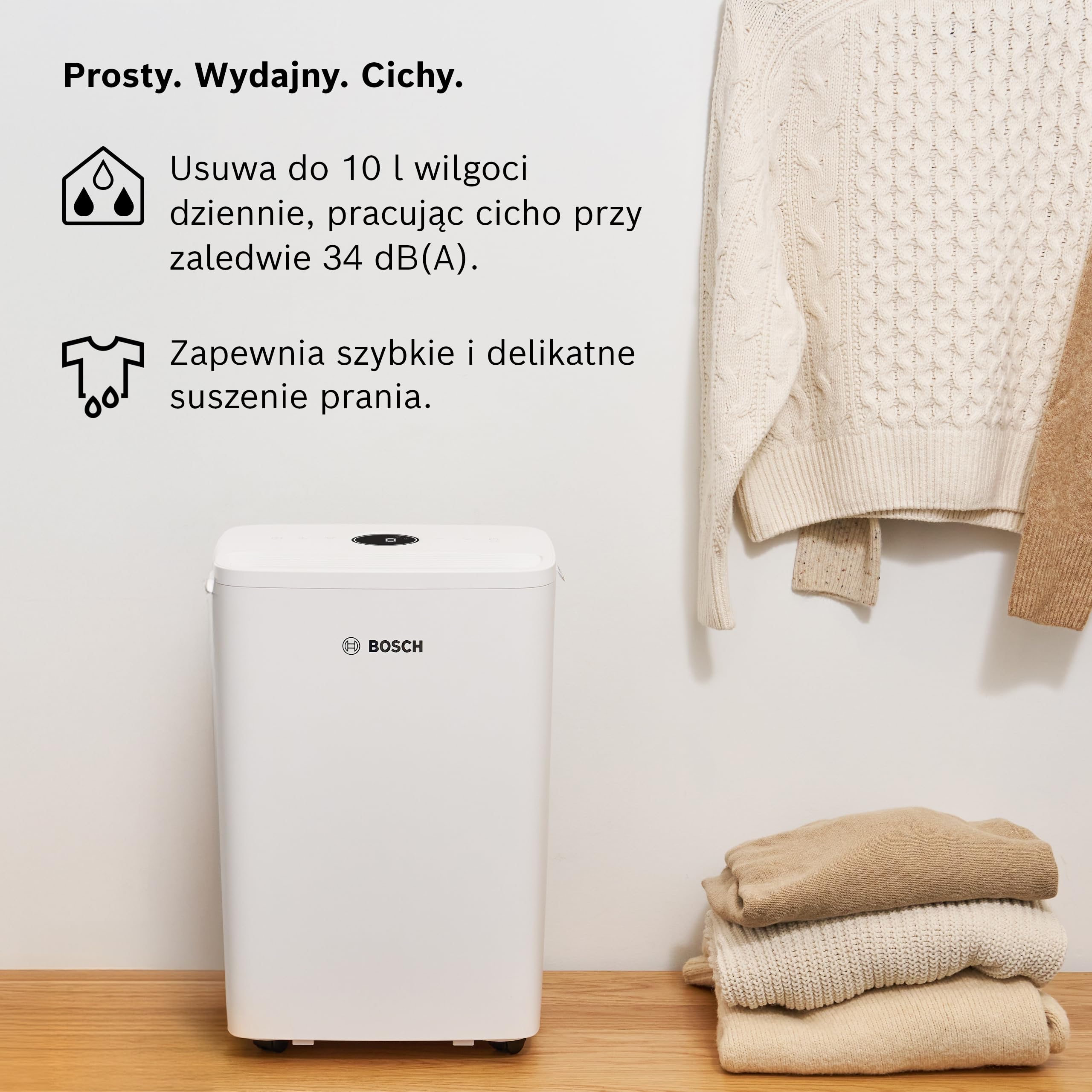 Bosch Dry 1000 - Osuszacz powietrza - łatwy. Wydajny. Cichy. Do domu i sypialni - Do Powierzchni do 17 m² - Szybkie suszenie prania