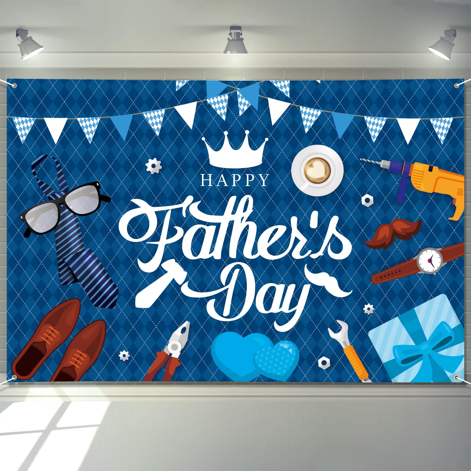 Arosche Large Fathers Day Banner Decorations 72" x 48" Happy Father's Day Backdrop Blue Bunting Gift Shoes Party Supplies Gifts Photography Background for Indoor Outdoor Garden,Yard,Home Decor