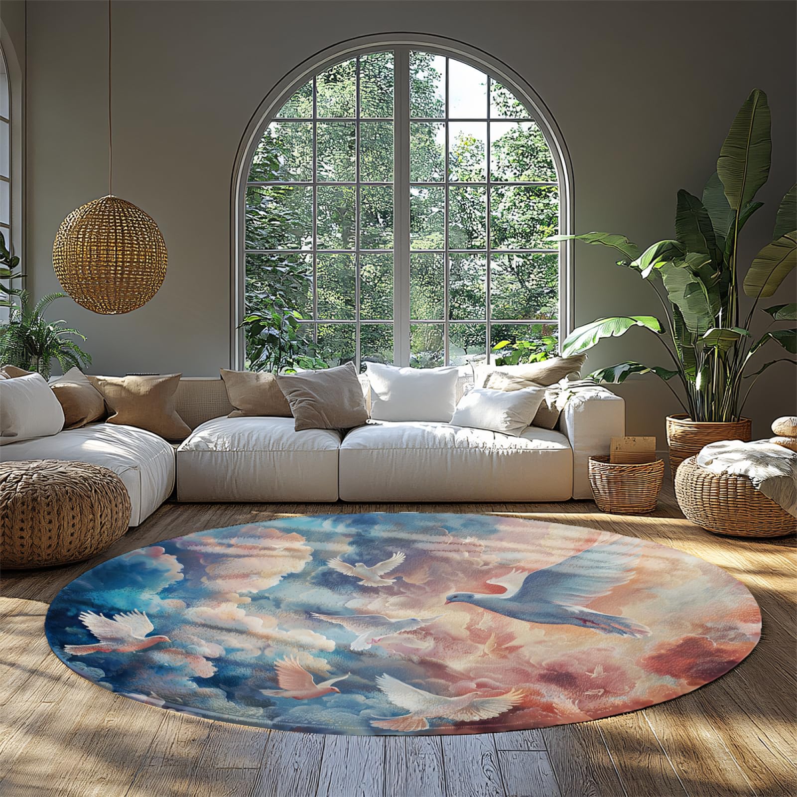 Tapis rond enfant 100cm antidérapant avec nuages et oiseaux lavable