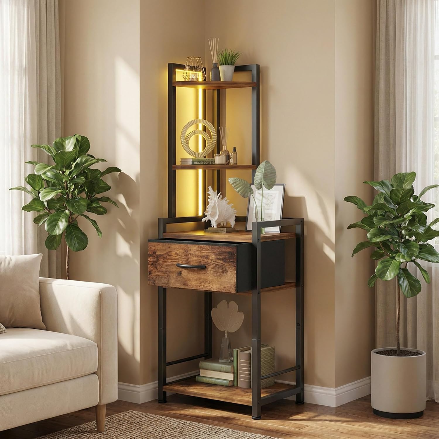 5-Tier Corner Shelf Stand with LED Lights & Fabric Drawer - Rustic Brown Freestanding Corner Cabinet Storage Organizer for Living Room, Bedroom, Office