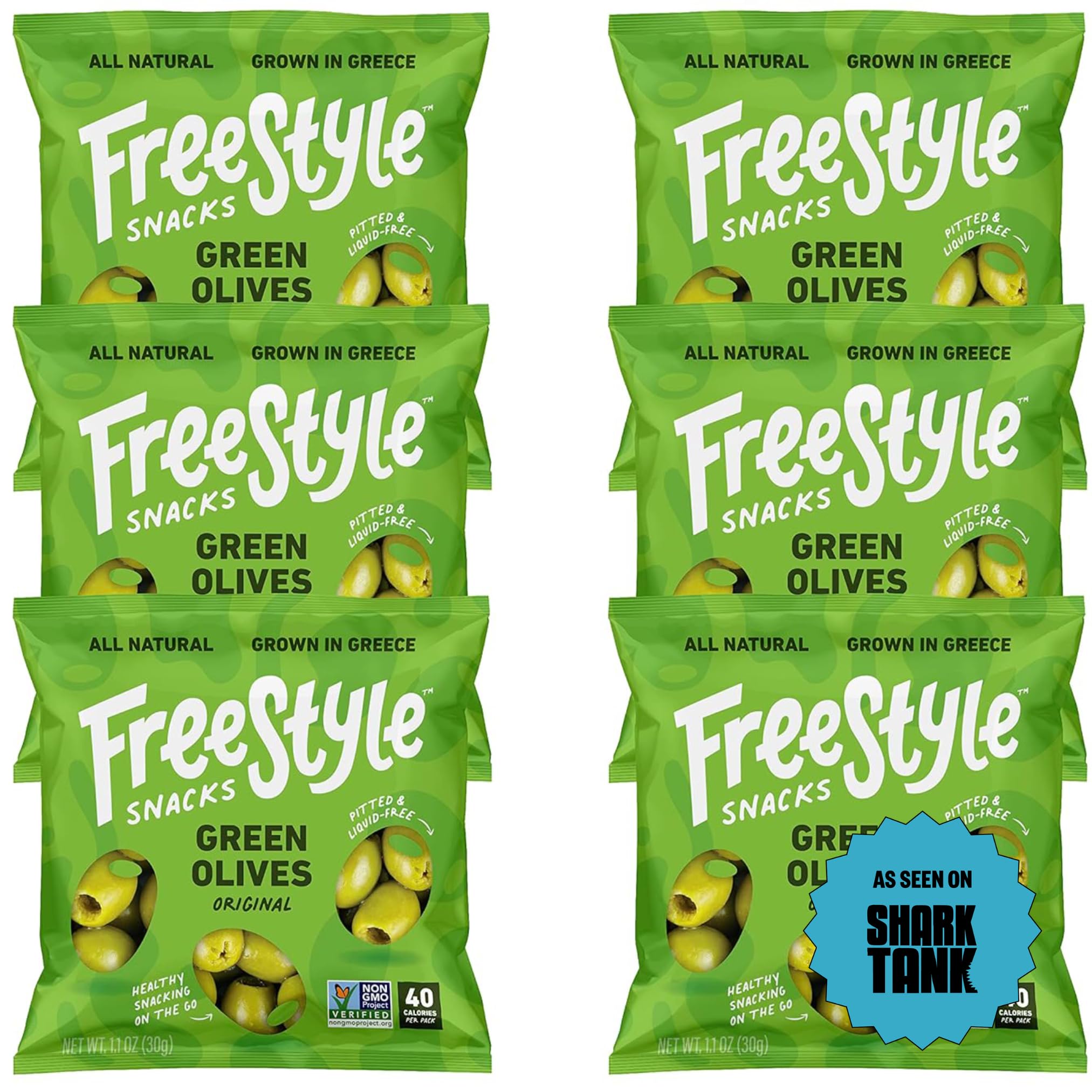Freestyle Snacks Olive Snack Packs - Single Serve - Fresh Pitted Green Olives, Jumbo-Sized, Grown in Greece, All Natural, Non-GMO, Paleo, Sugar-Free, Keto, Salty Snack - Original, 1.1oz (6 Pack)