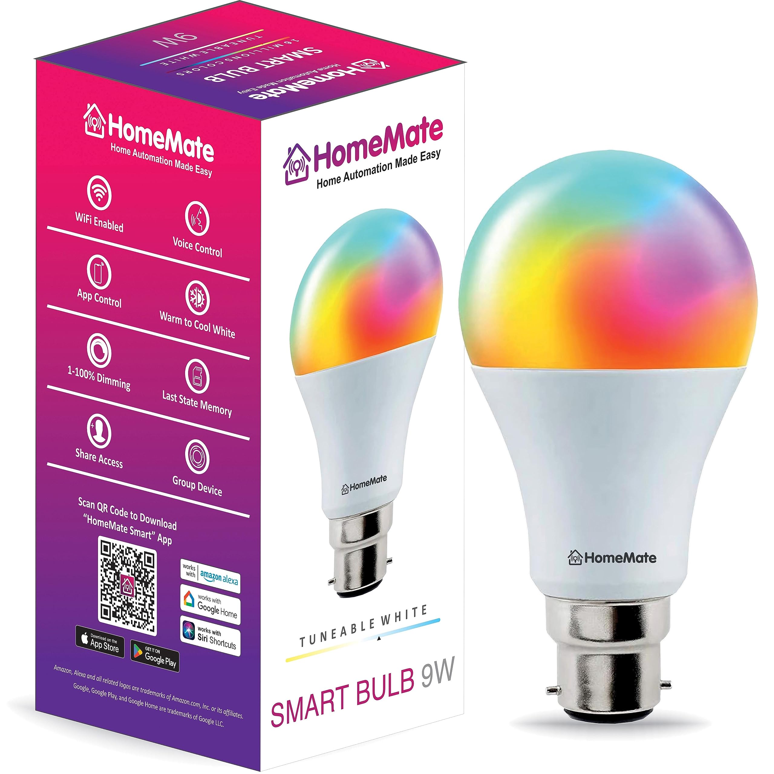 See full amazon price history chart for HomeMate Wi-Fi RGB+CCT Smart LED Bulb | 9 Watt, Music Sync | Last State Memory | 16 Million Colors | Warm and Cool White | Compatible with Alexa, Google Assistant & Siri (Base B22) HomeMate Wi-Fi RGB+CCT Smart LED Bulb | 9 Watt, Music Sync | Last State Memory | 16 Million Colors | Warm and Cool White | Compatible with Alexa, Google Assistant & Siri (Base B22) (B0CDQ41M2K) Amazon Price History, Amazon Price Tracker