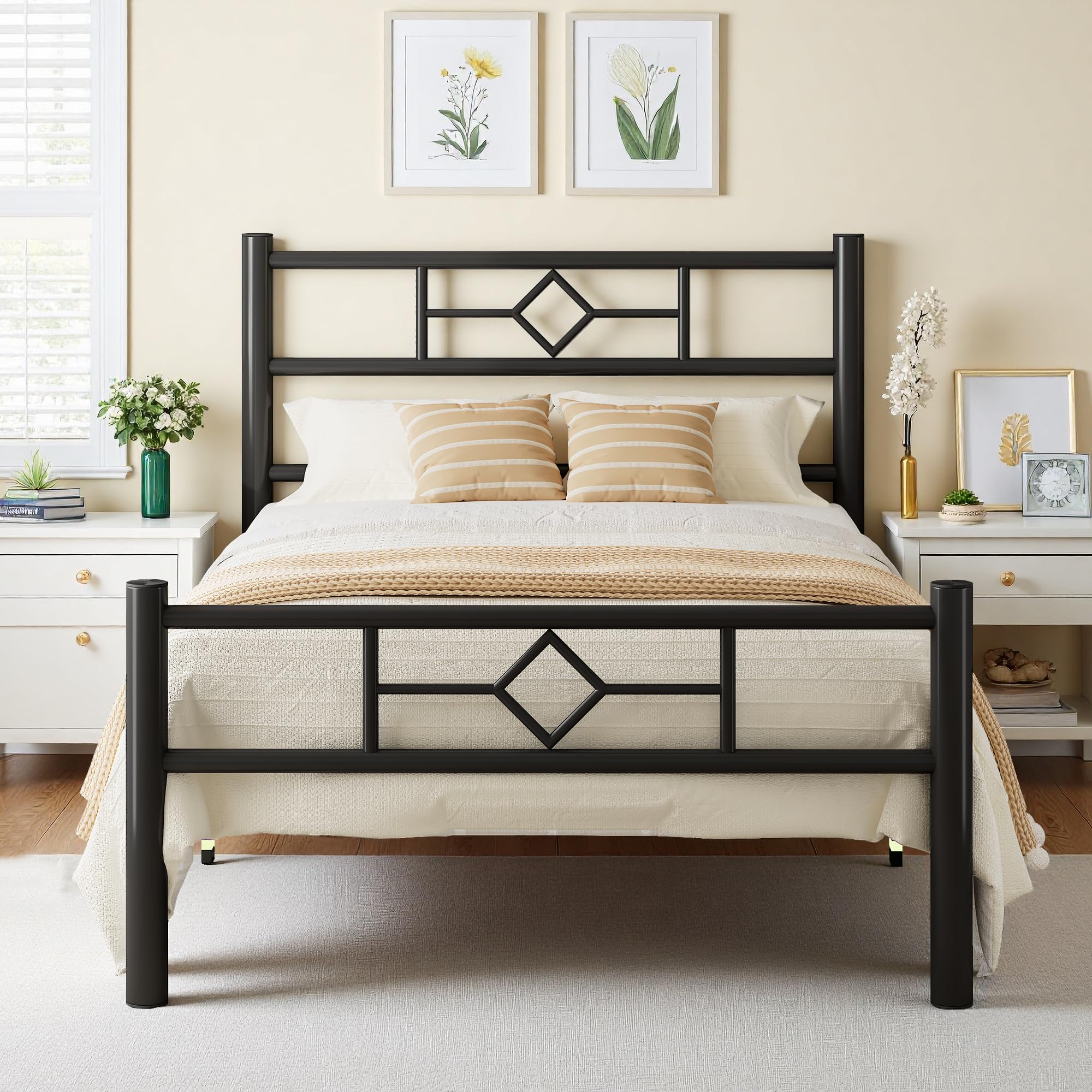 FEONASE 3Ft Metal Single Bed Frame with Headboard & Footboard, Single Bed Frame with Solid Metal Slat Support, Underbed Storage, Easy Assembly, Black
