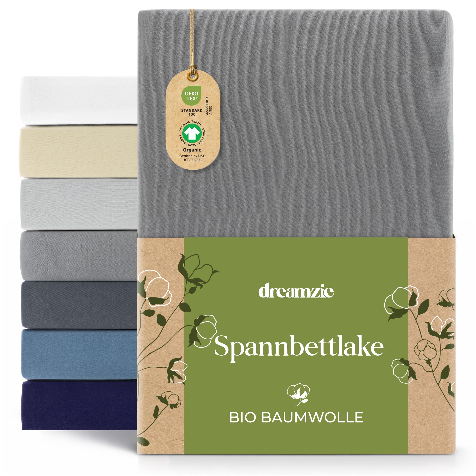 Dreamzie Premium Spannbettlaken 120x200 cm bis 130x200 cm Anthrazit, Spannbetttuch aus 100% Jersey Biobaumwolle, 150 g/m² - Oeko-TEX