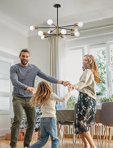 Miniatura 6 de DORESshop Candelabro Sputnik moderno de 8 luces de techo de altura ajustable de mediados de siglo, acabado negro y dorado para comedor, sala de