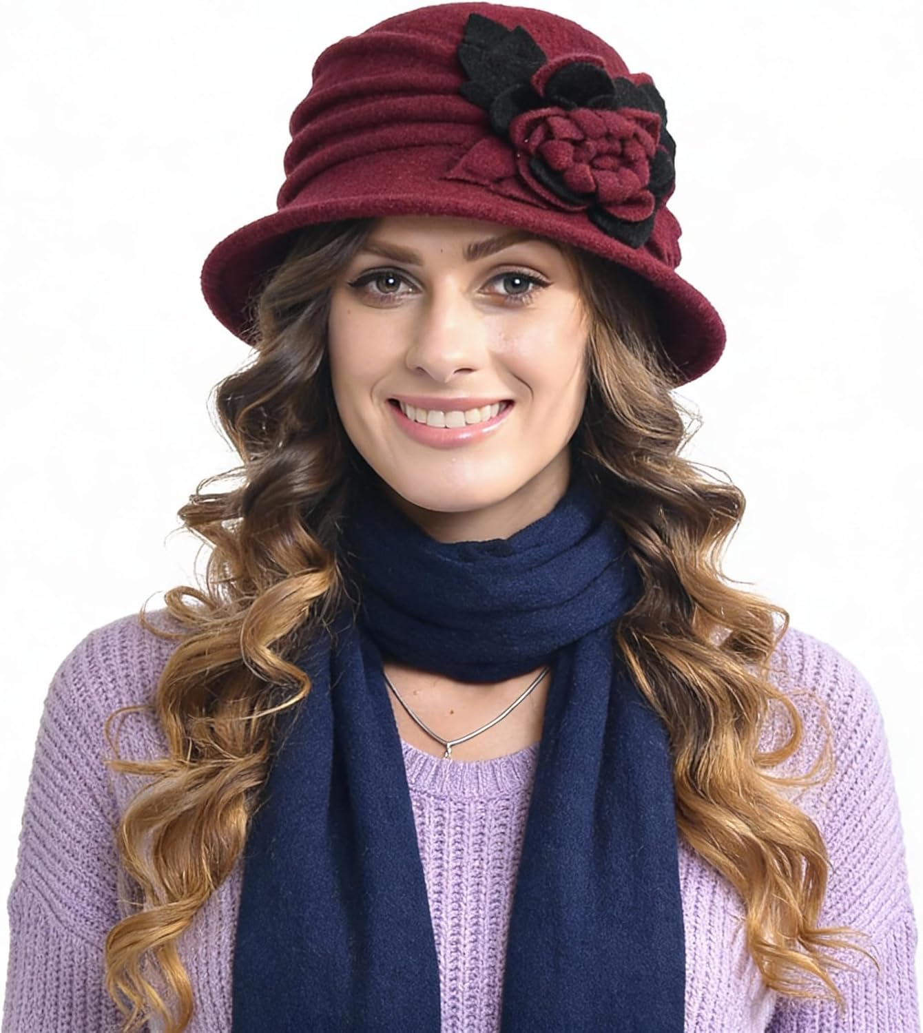 Vintage Women Floral Wool Dress Cloche Winter Hat 1920s - Image 2