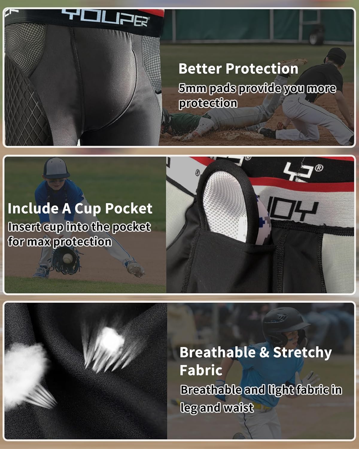 Youper Youth Elite Compression Padded Sliding Shorts w/Cup Pocket for Baseball, Football - Image 3