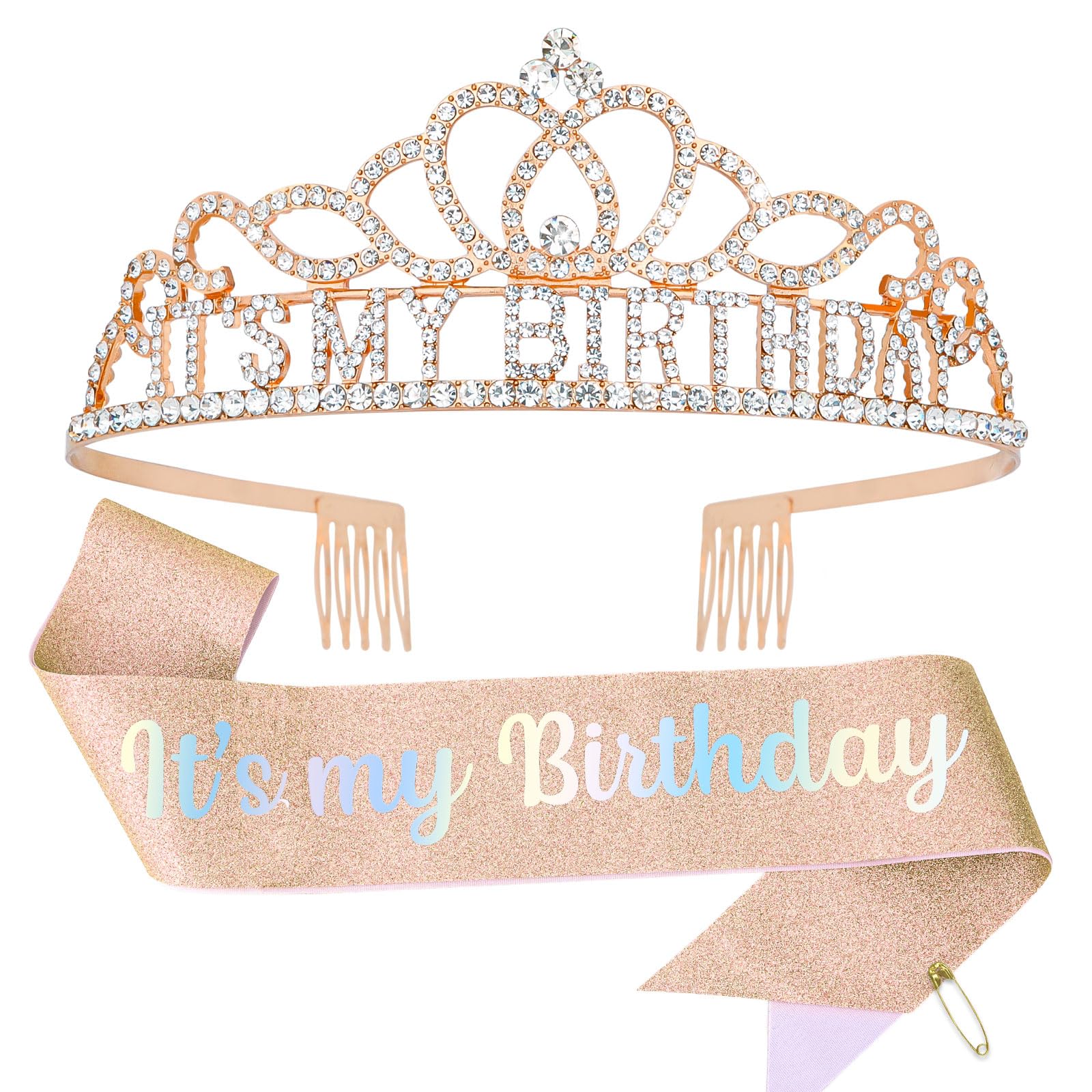 Padorul It’s my Birthday Rose Gold Diamond Crown & Sash Set, Rhinestone Rose Gold Princess Tiara Headband with Comb & Sparkle Sash Set for Birthday Party Queen Princess Decoration