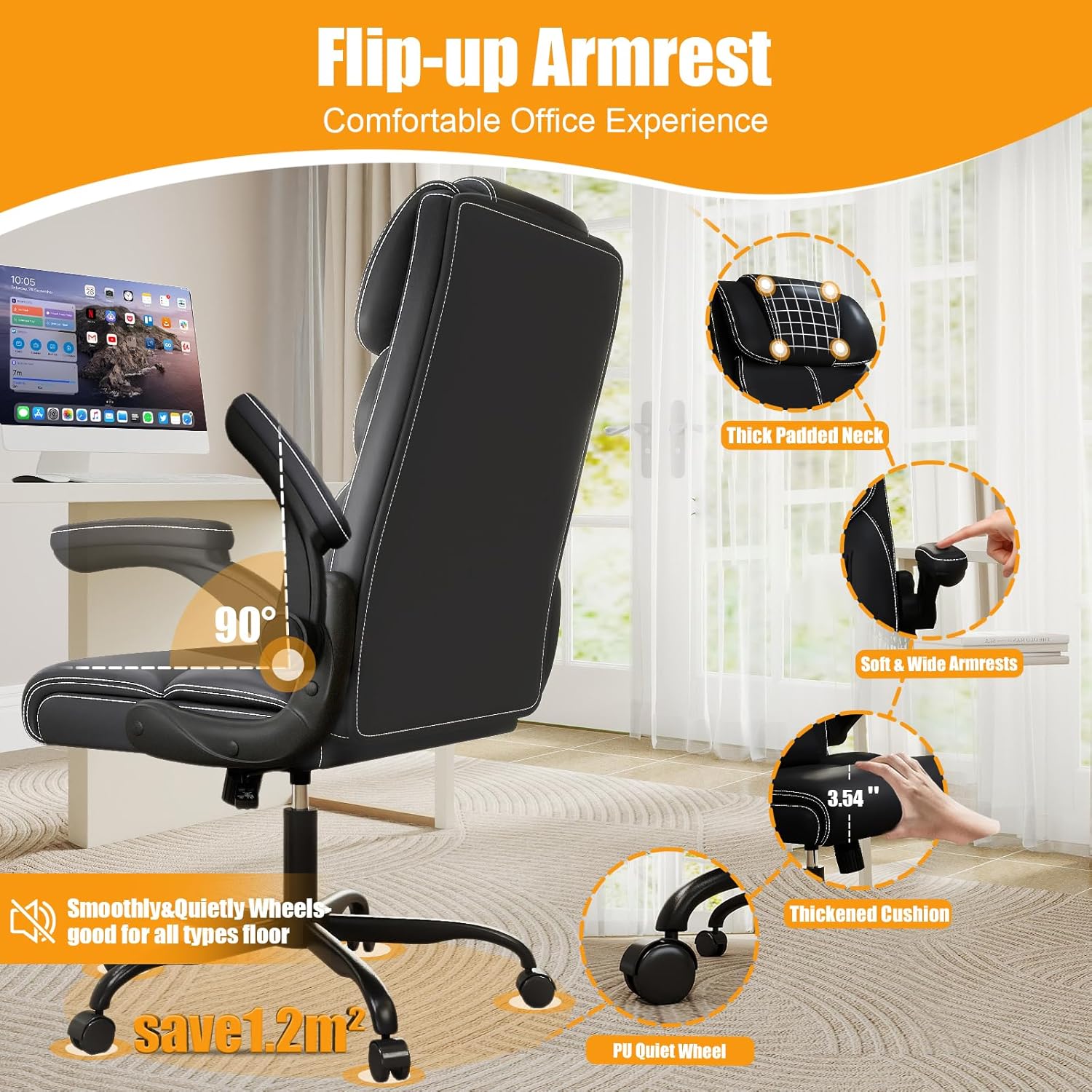 Executive Office Chair with Flip-up Armrests,Ergonomic Computer Desk Chairs,Mid-Tall Back Leather Office Chair 400 Lbs,Lumbar Support Swivel PC Chair with Rocking Function