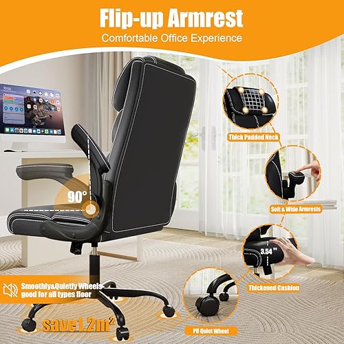 Vista 6 de Silla de oficina ejecutiva con reposabrazos abatibles, sillas ergonómicas de escritorio para computadora, silla de oficina de cuero con respaldo