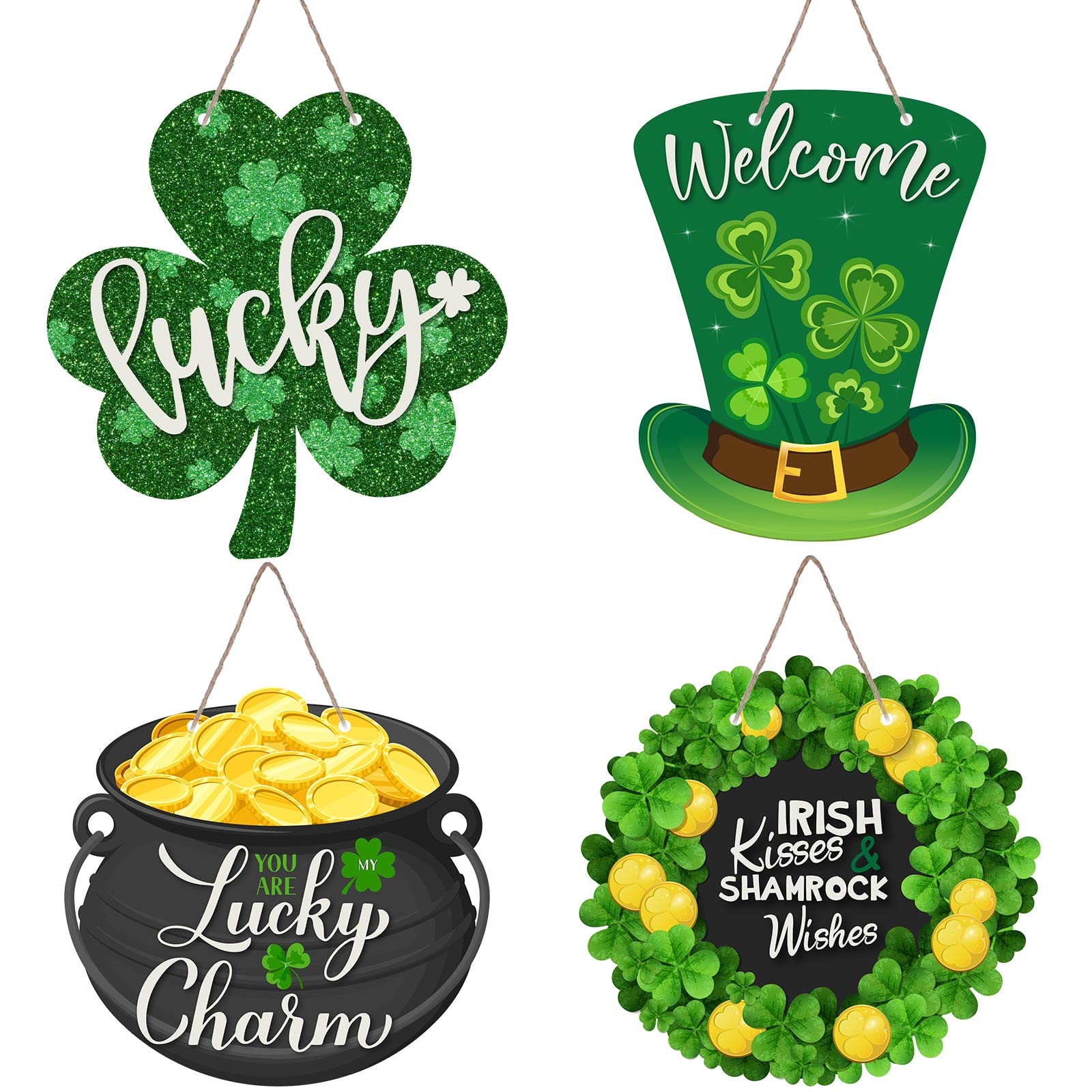 4 Pcs Happy St Patrick's Day Sign Shamrock Leprechaun Wooden Hanging Sign Wood St Patrick's Day Wreath Farmhouse St Patrick's Day Front Door Decorations Irish Welcome Board Home Wall Decor